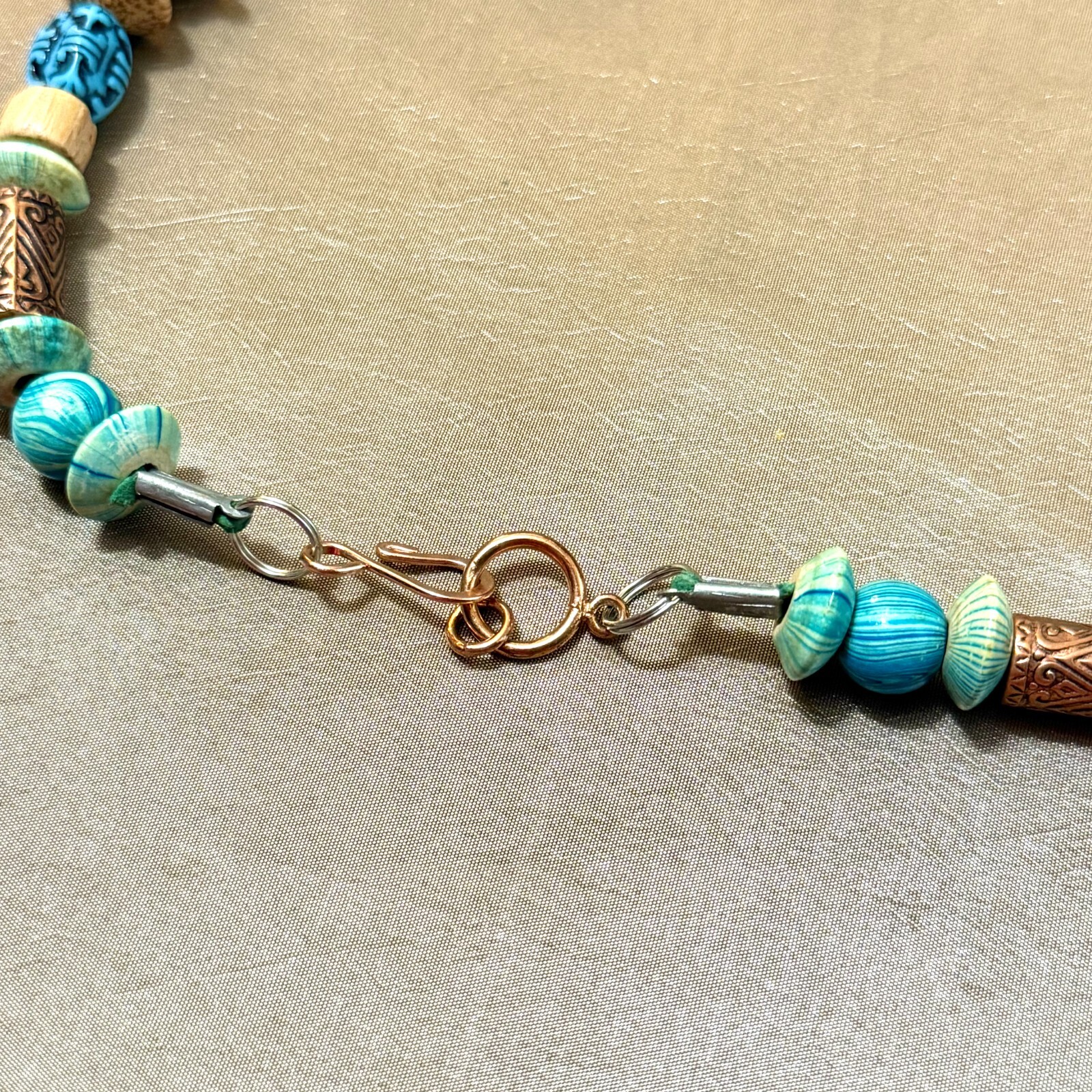 Boho Turquoise Beaded Necklace, Blue & Brown in Wood, Stone, Nut, & Metal – 25″