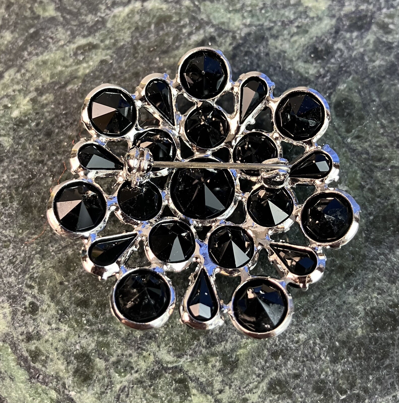 Vintage Silver Tone Open Back Brooch Pin With Black Faceted Prong Set Stones