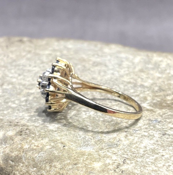 Vintage 14k Yellow Gold Sapphire & Diamond Cluster Halo Ladies Ring