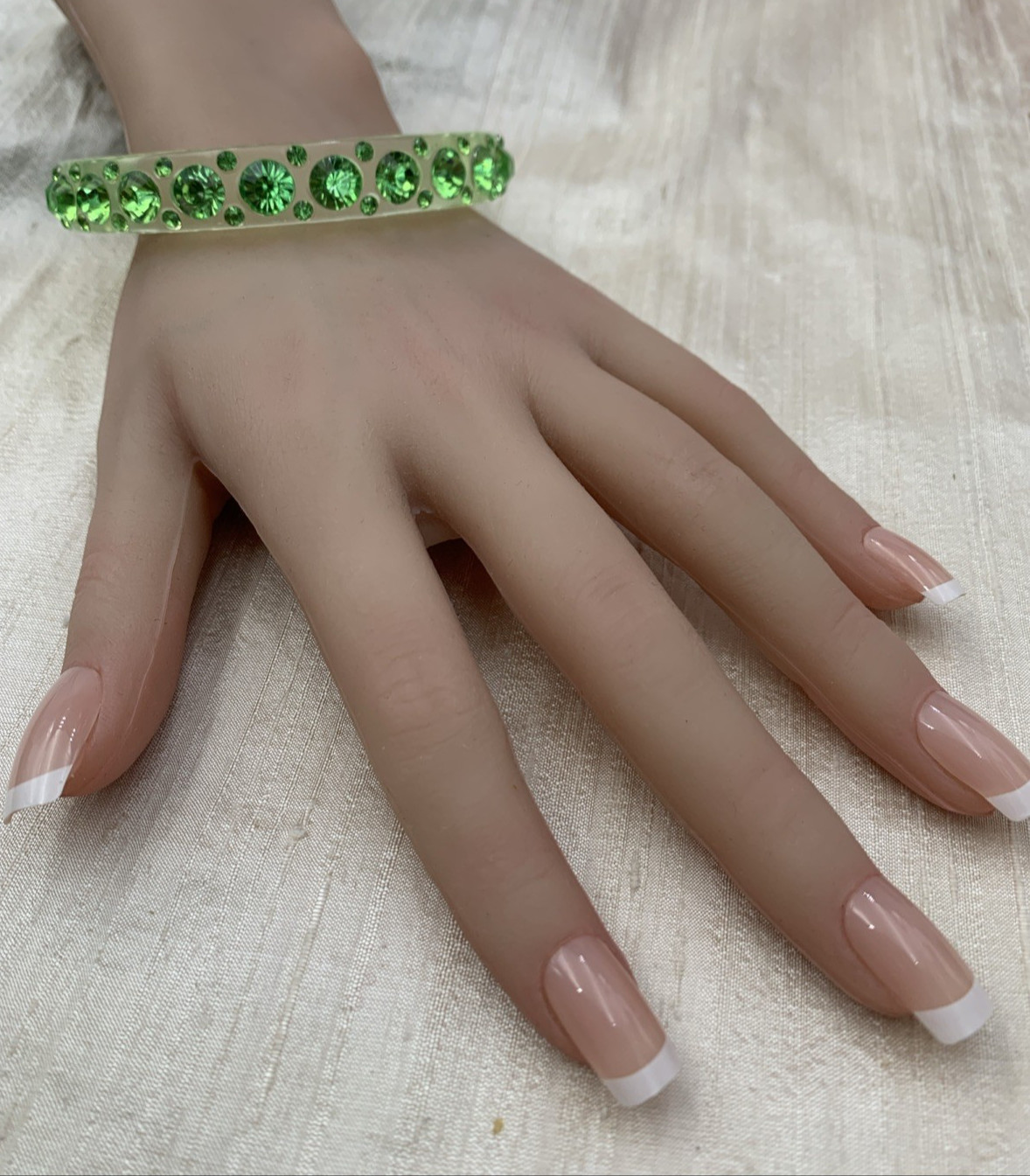 Vintage Art Deco Lucite & Rhinestone Bangle Bracelet Green Clear 8-1/4” IC