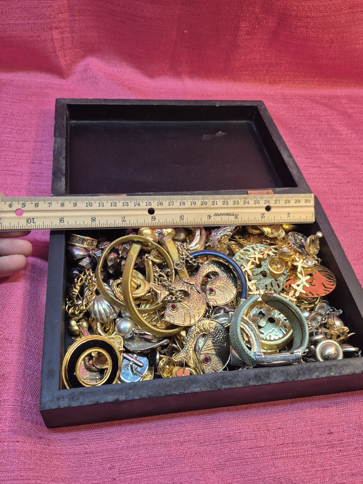 Vintage Costume Jewelry Lot w Wooden Box Mixed Singles Craft 60+ Pcs