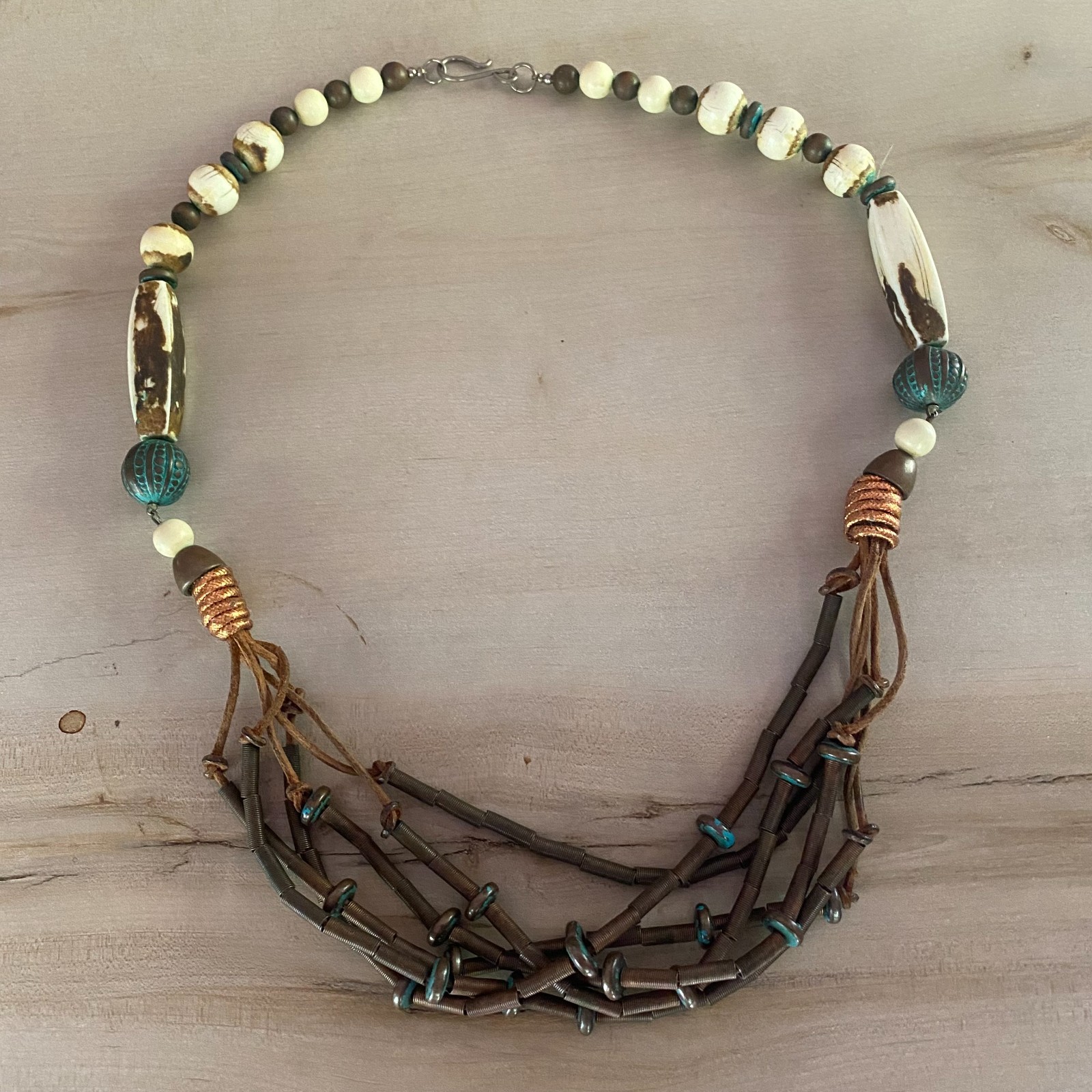 VTG Boho Chunky Mixed Media Statement Necklace Ethnic Earthtones 25″ western