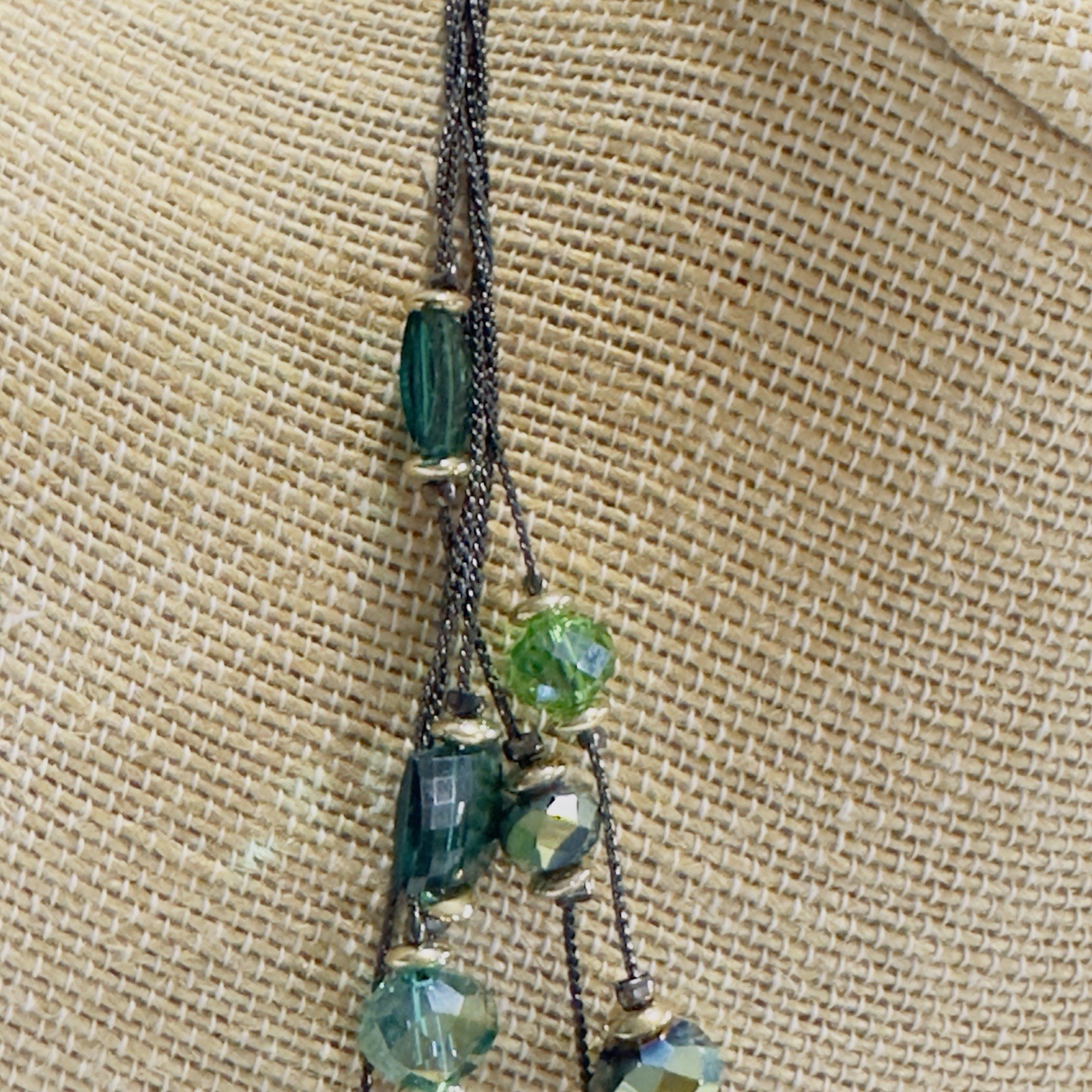 5 Strand Necklace Green Acrylic Glass Beads Black Wire Like Chain 11″ Faceted