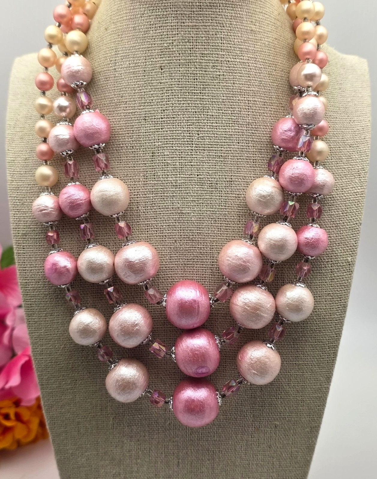 Vintage Japan Pink Faux Pearl Triple Strand Layered Necklace Crystal 17”