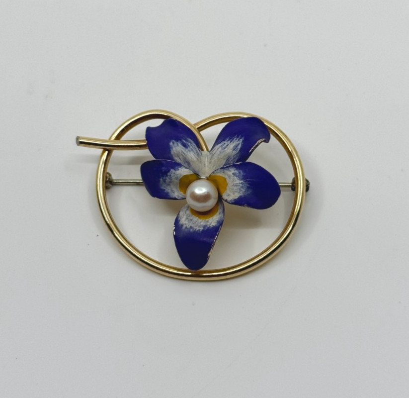 Vtg Krementz Violet Pansy Flower Enamel Saltwater Akoya Pearl Gold Filled Brooch