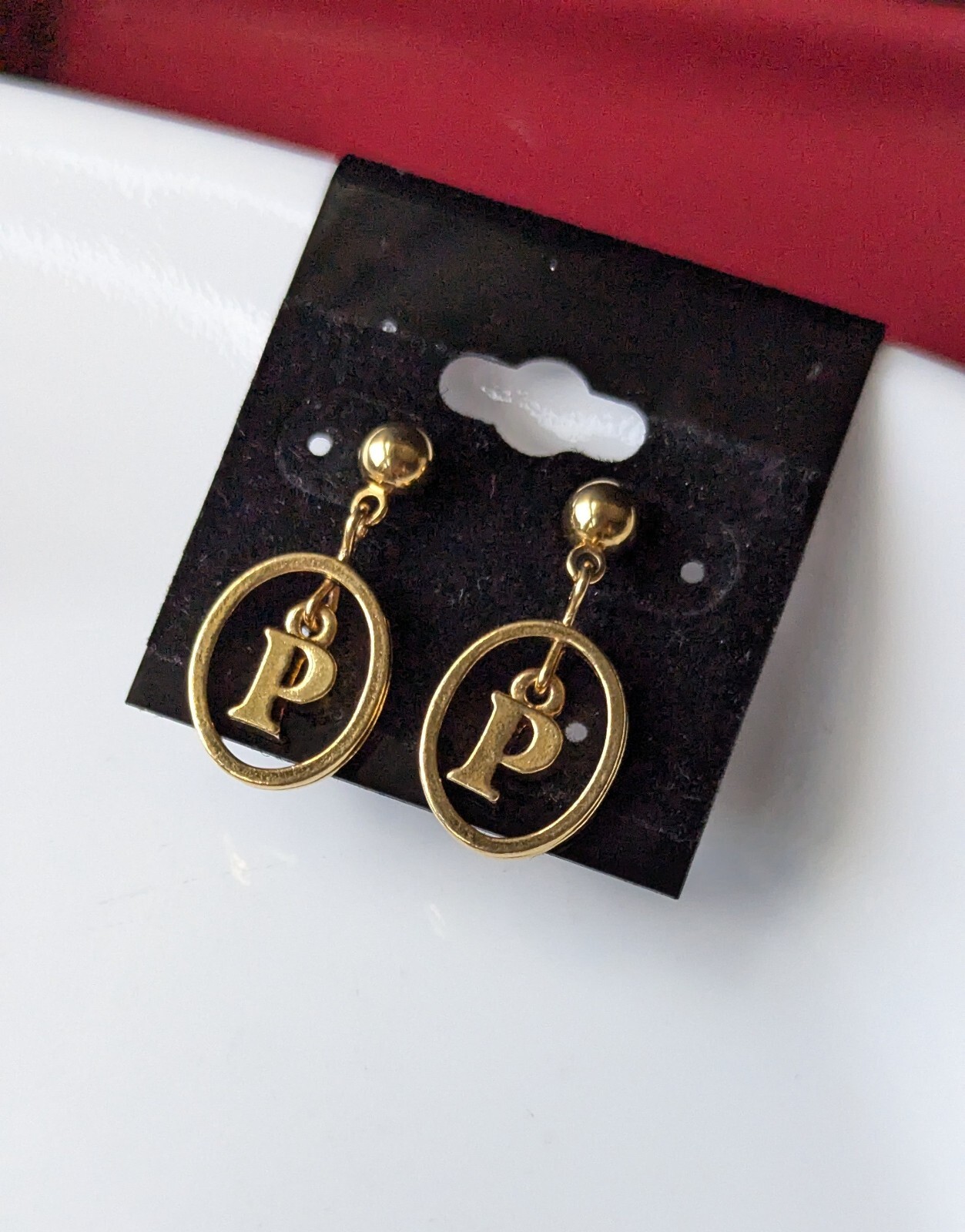 Vintage Pair GOLD Tone POST Stud DANGLE Monogram Letter P Initial 1″ EARRINGS
