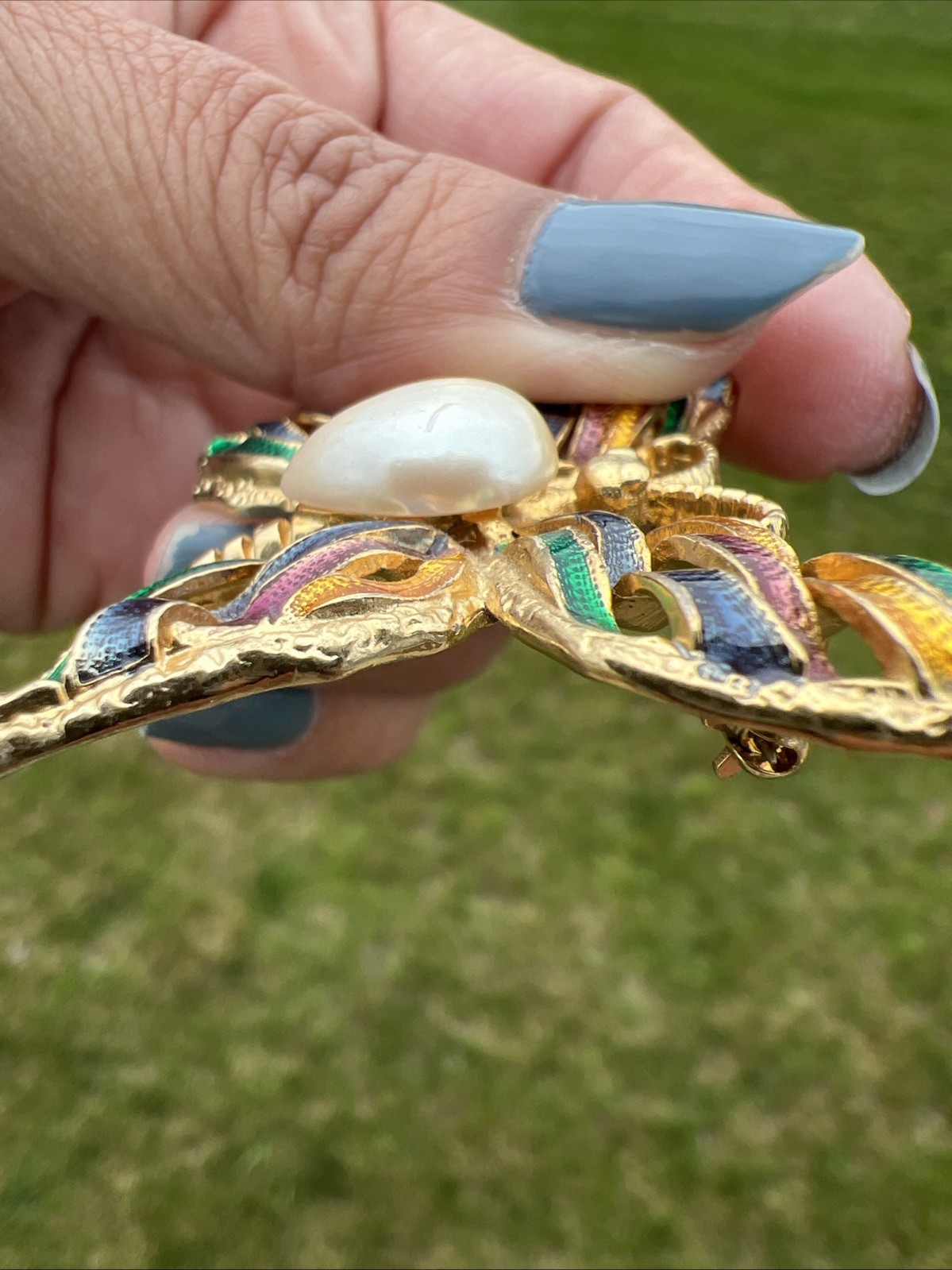FO Fernando Originals Butterfly Brooch Pin Ribbon Enameled Wings Faux Pearl B5