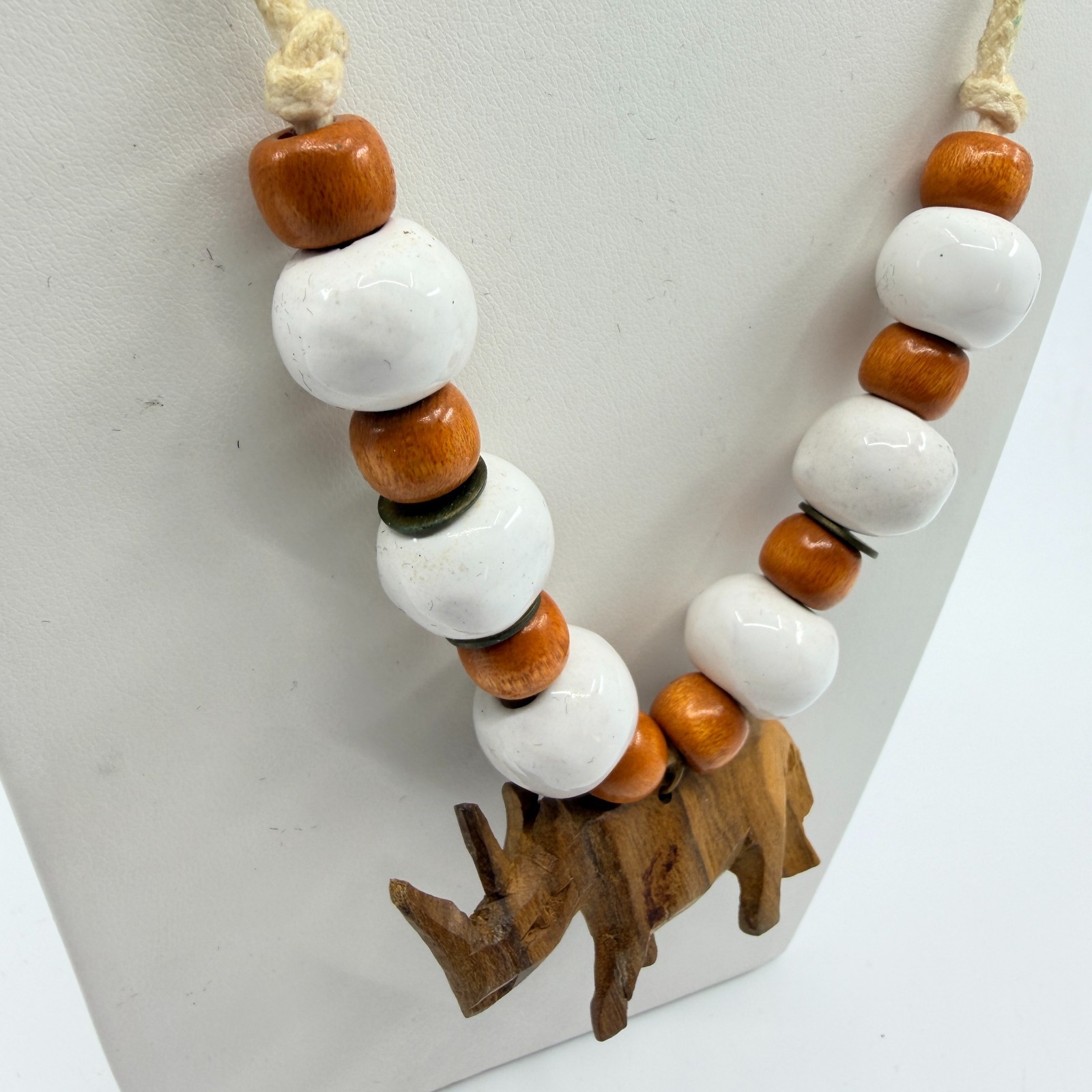 Vintage Carved Wood Rhinoceros Pendant Necklace Boho Ceramic Bead Cord 80s