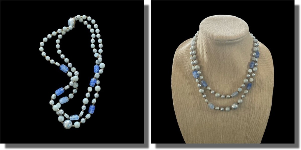 Vintage Double Strand Grey Pearl and Blue Swirled Lucite Bead Necklace