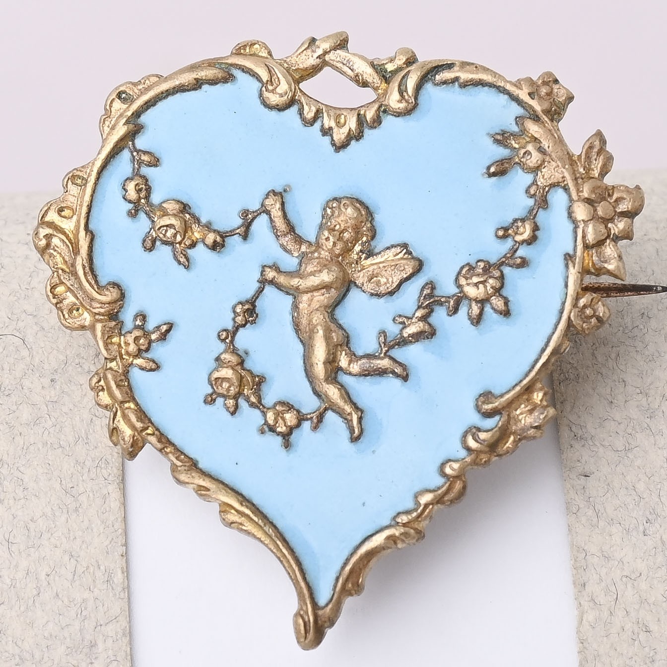 Antique Victorian Rococo Angel Putto HEART Blue Enamel Brooch Pin
