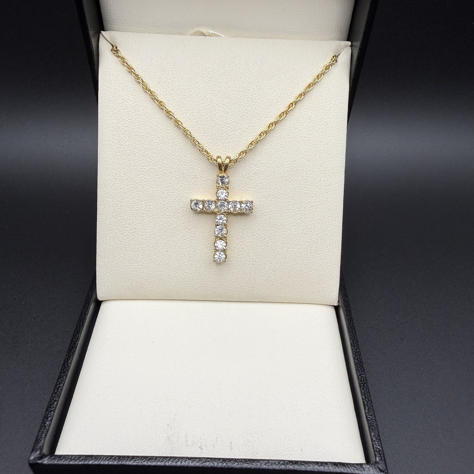 Vintage Gold Tone Cross Pendant Round Crystal Rhinestone Necklace Christian Gift