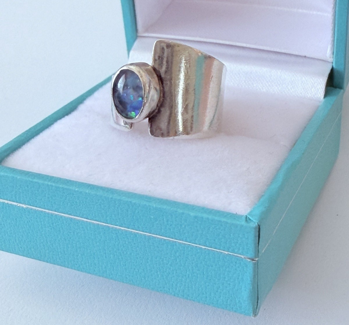 Artisan Hand Made Modernist Sterling 925 Black Opal Band Ring Sz 5.5