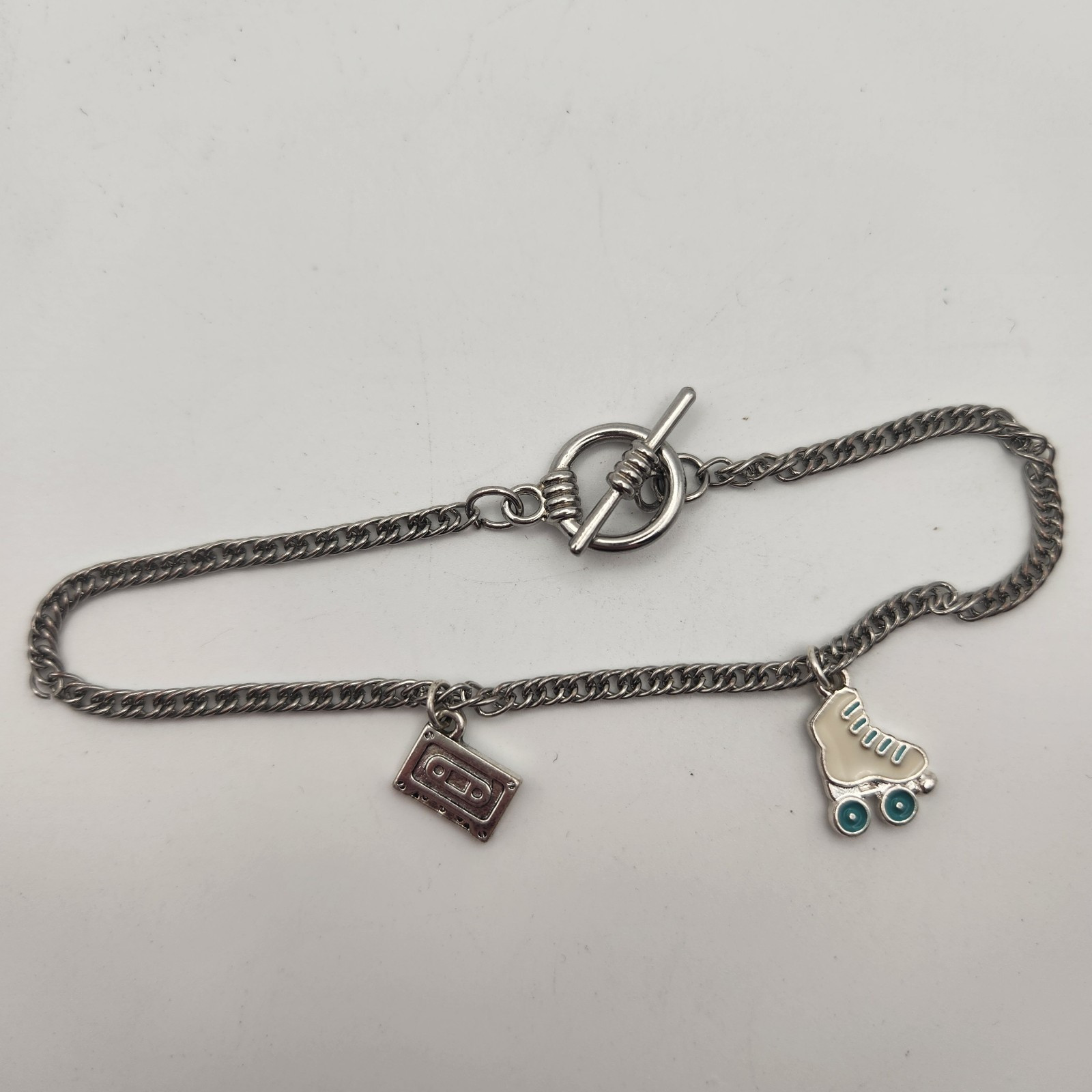 Vintage Silvertone Charm Bracelet Toggle Closure 8.5″ Retro Skate Cassette Tape
