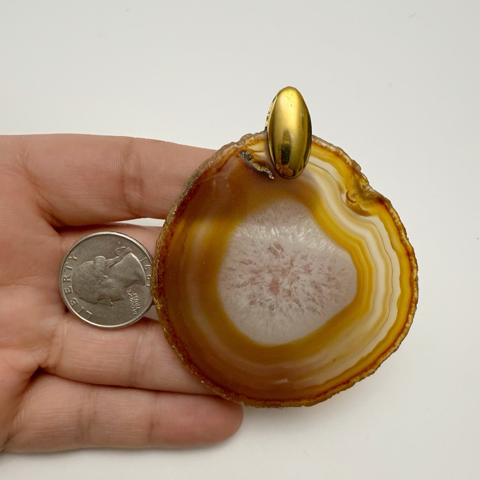 Vintage Crown Trifari Signed Geode Agate Slab Slice Goldtone Pendant