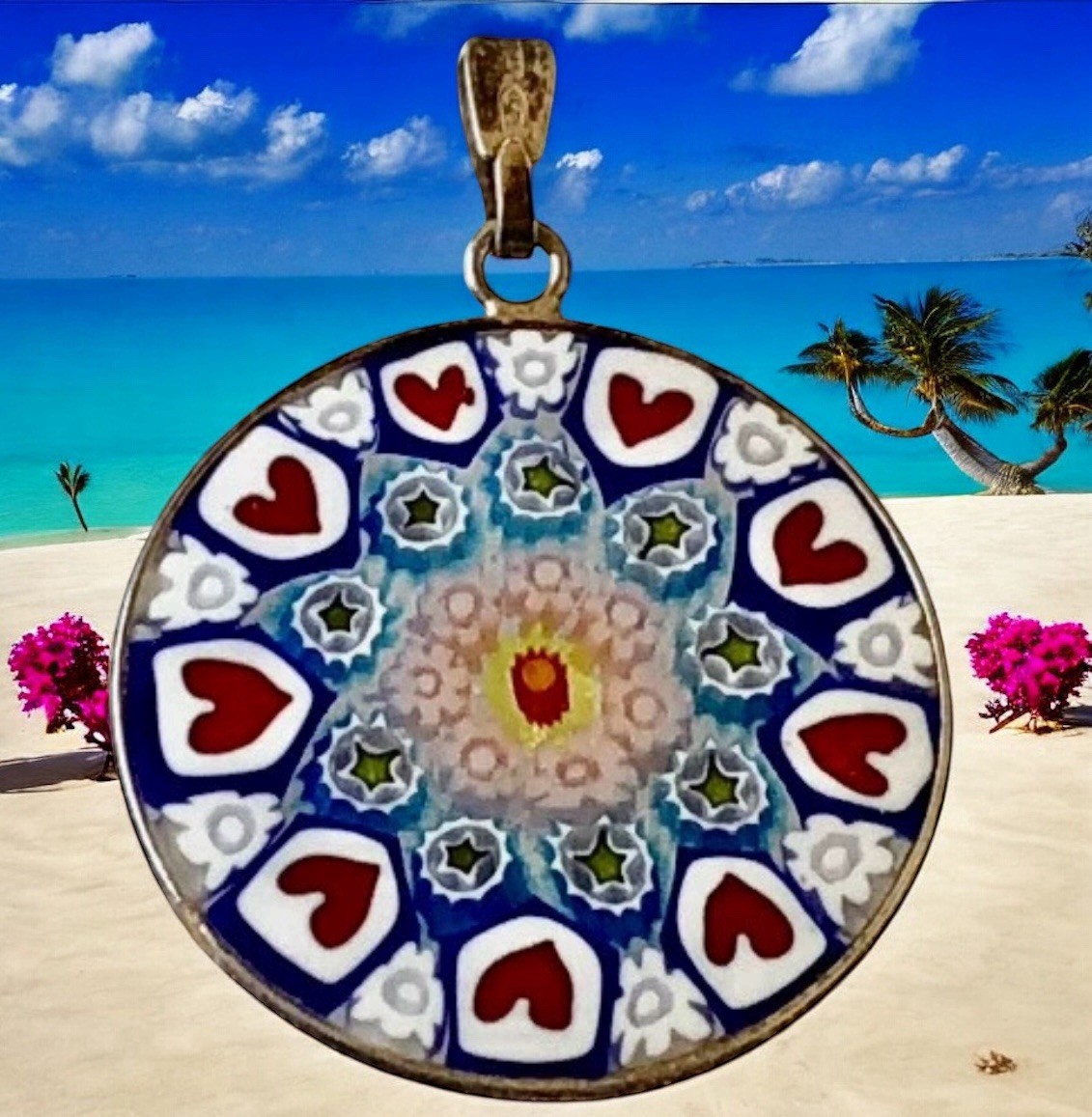 Italian Glass Handcrafted Pendant Mosaic Sterling Silver Flowers Heart