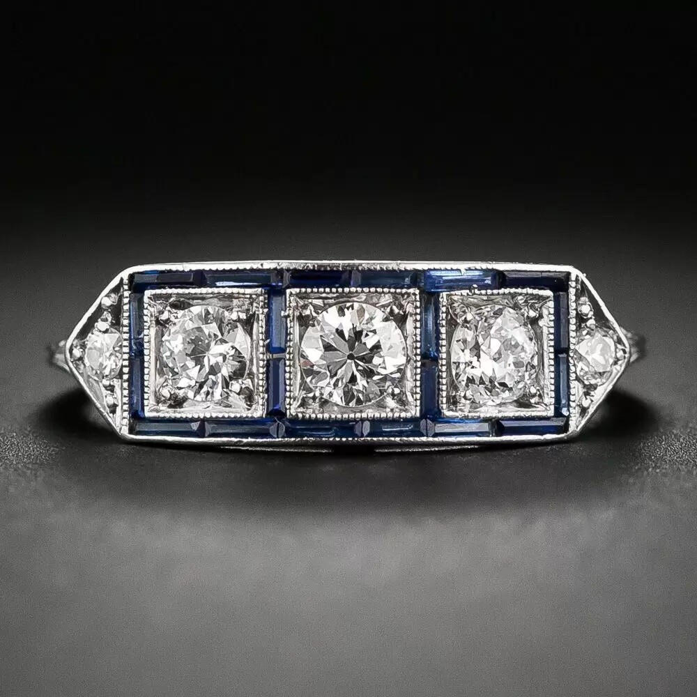 1.20CTW White Round Cut Simulated Diamond Three Stone Art Deco 925 Silver Ring