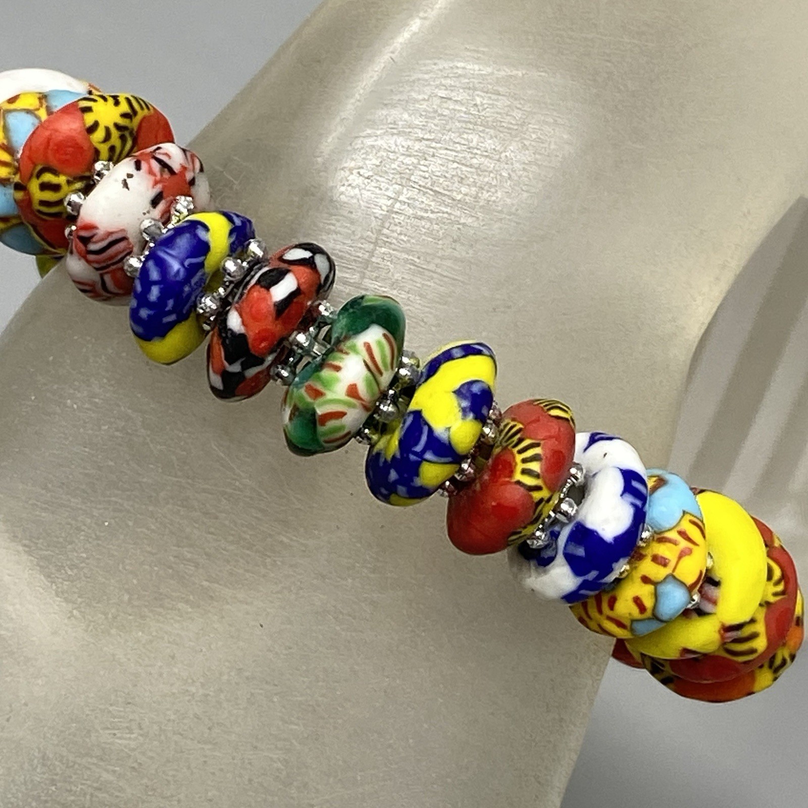 Krobo Beaded Bracelet Stretch Recycled Glass Ghana Multicolor Rondelle Donut 6.5