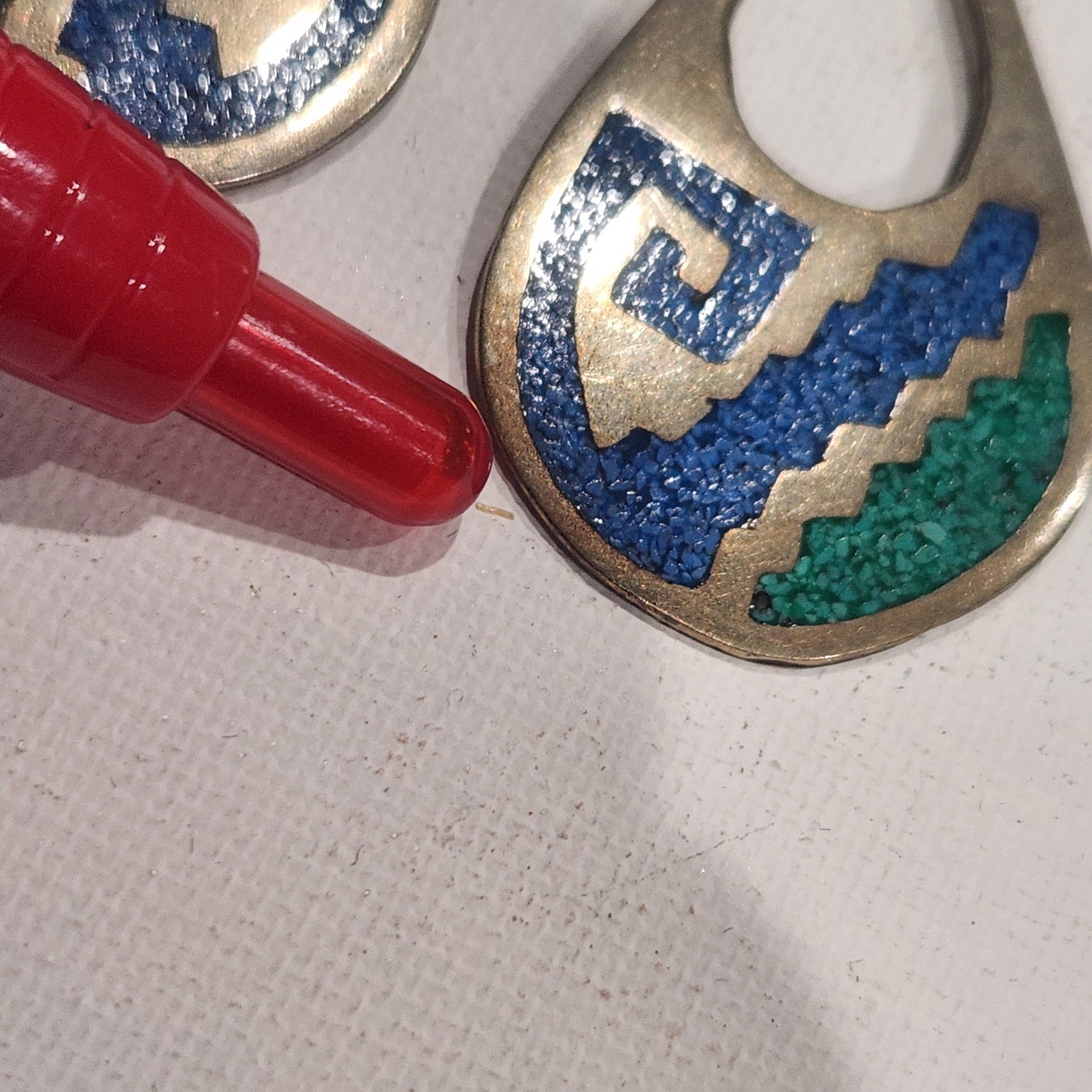 Vintage Alpaca Mexico Blue Green Crushed Stone Inlay Teardrop Earrings Geometric