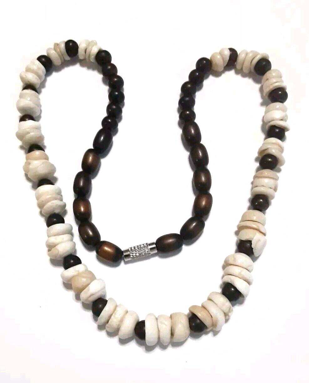 Vintage Puka Shell Necklace with Wood Bead 17.5 in