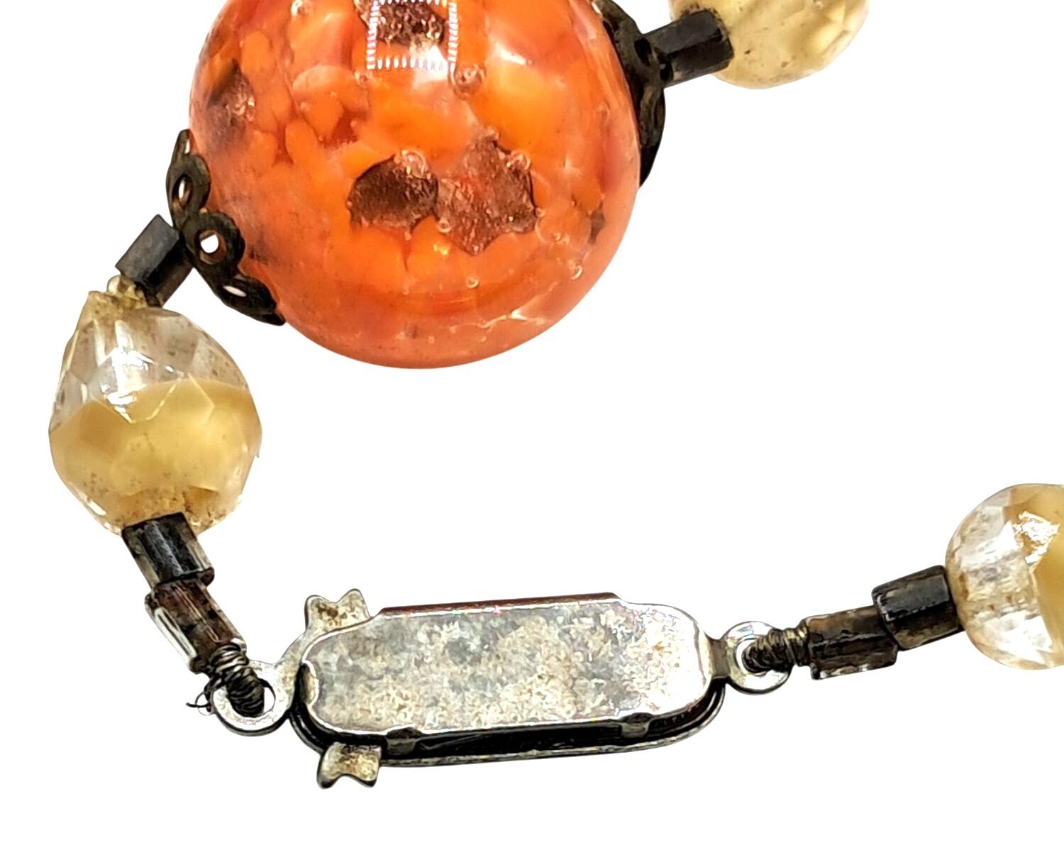 Vintage Murano Glass Necklace Orange Gold Givre Clear Cream Beaded Single Strand