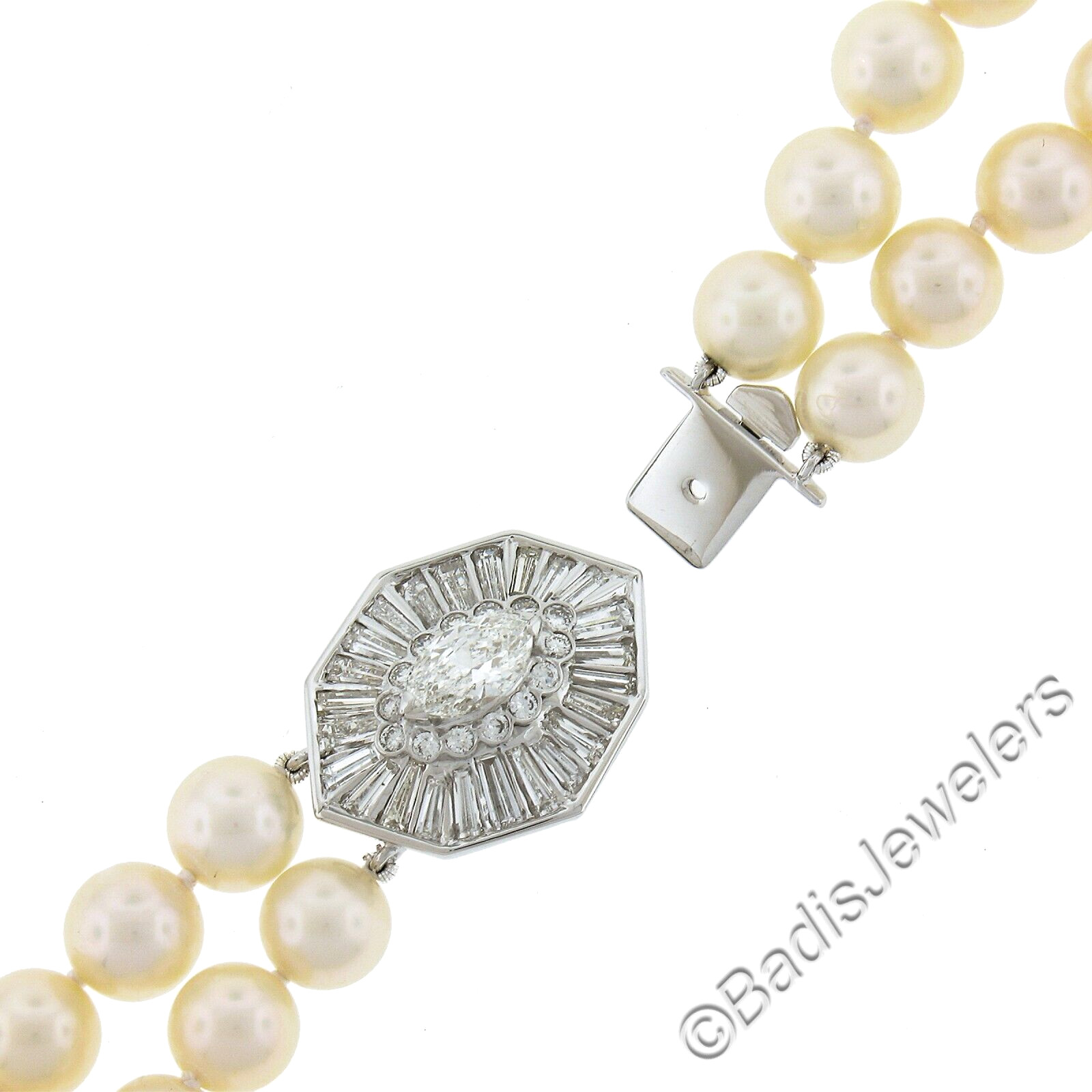 18k White Gold Dual Strand 8-8.5mm Pearl Necklace w/ GIA 3.68ctw Diamond Clasp