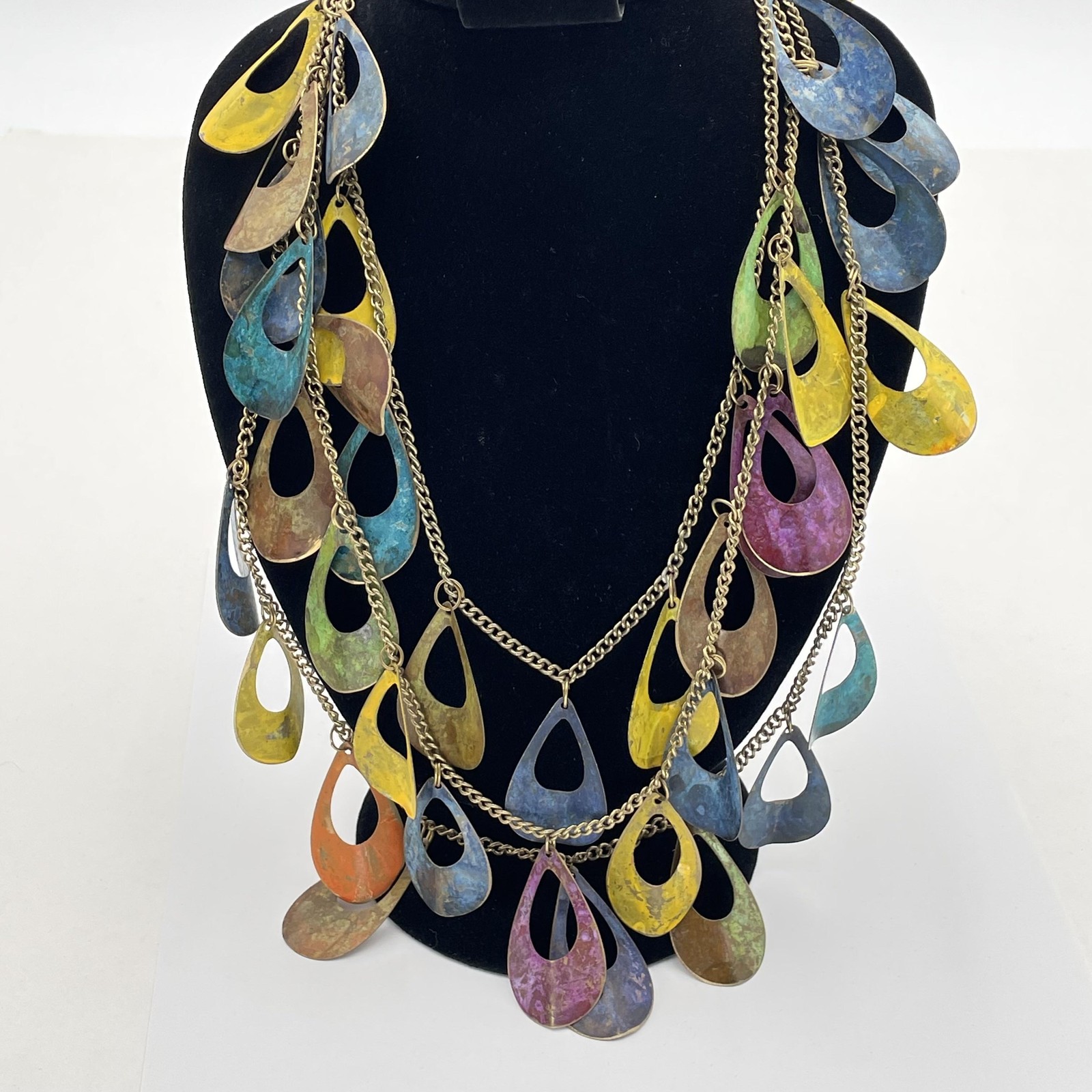 Boho Multicolor Teardrop Fringe Bib Statement Layered Necklace Gold Tone Chain