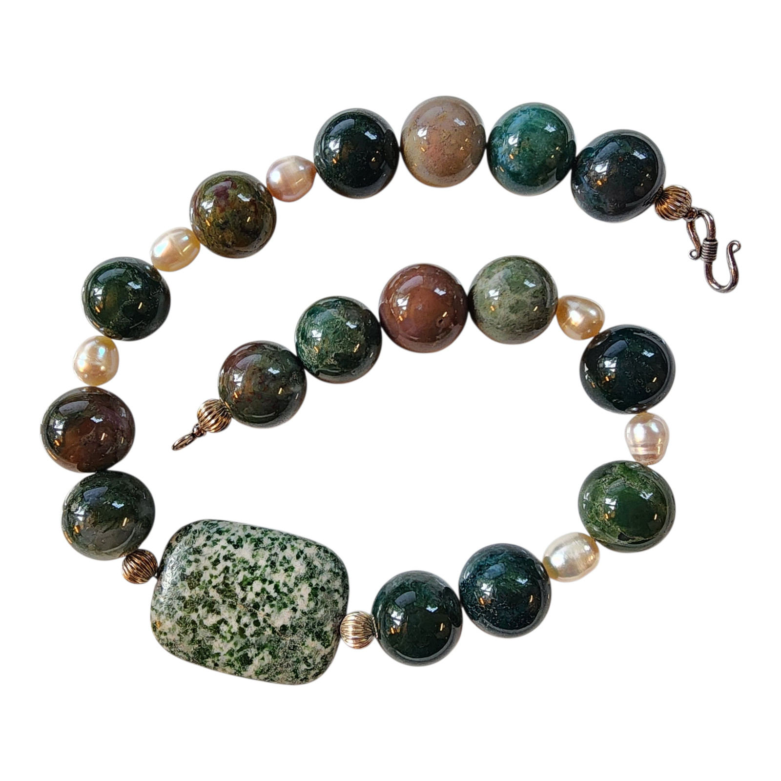 Vintage Artisan Agate & Pearl Necklace w/ Green Spot Jasper and Sterling Clasp