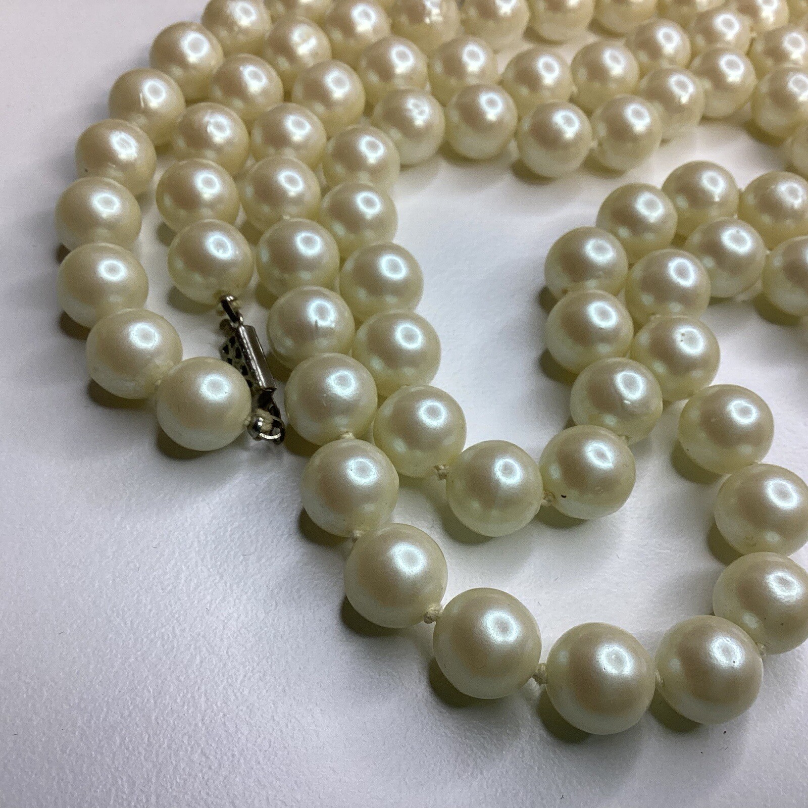 Vtg Classic Hand Knotted Faux 1cm Pearls Long Necklace 50″ Flapper Style