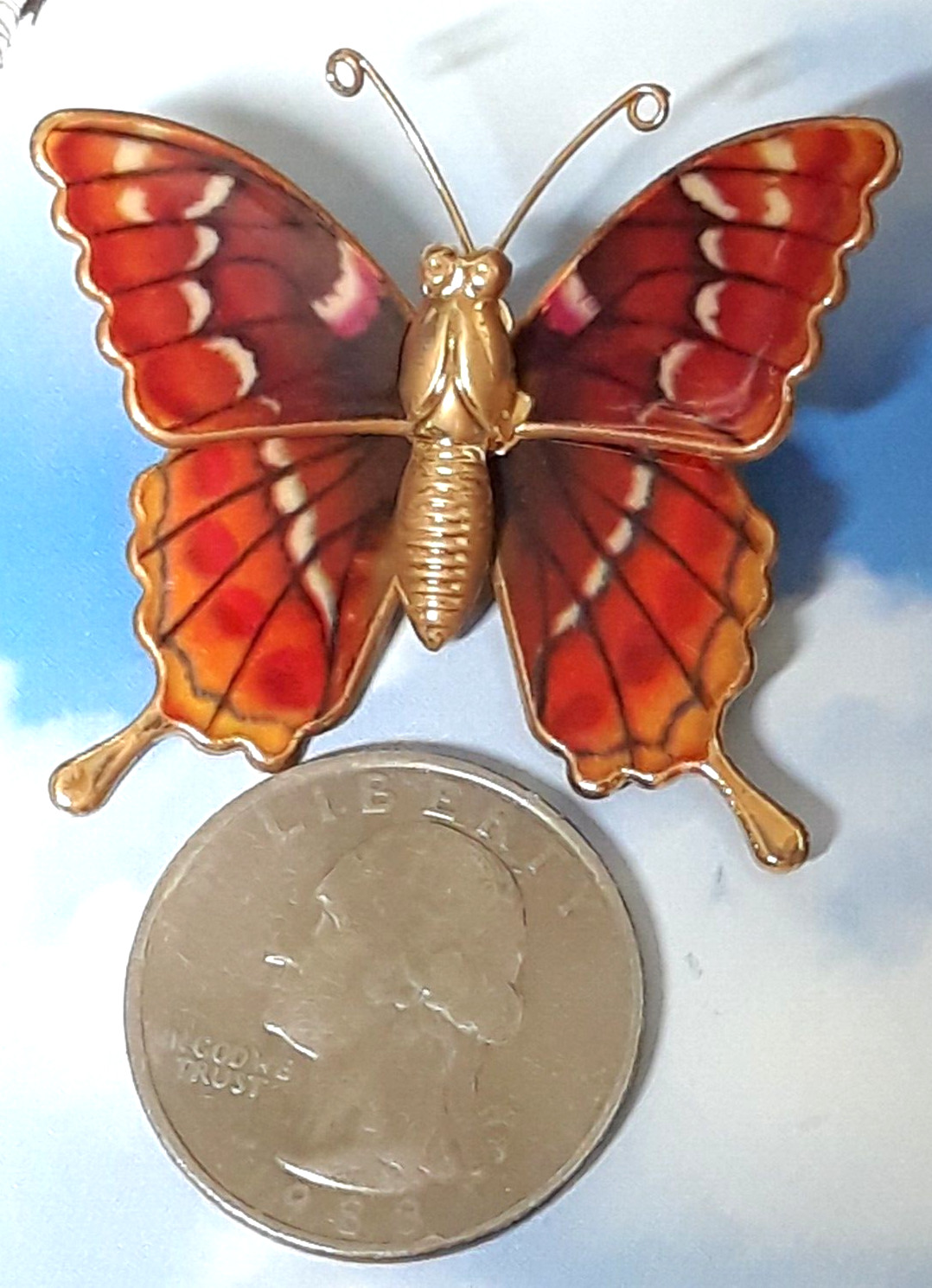 Vintage Brooch Butterfly of Red Orange and Cream Resin on Gold Tone Setting