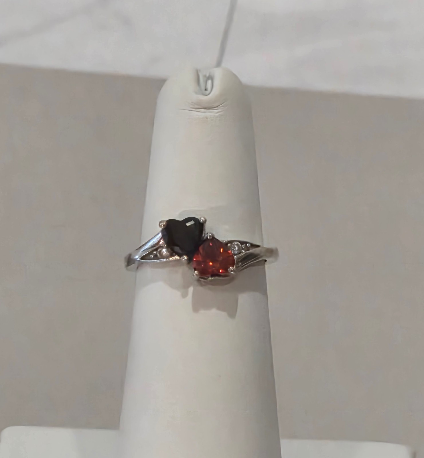 VINTAGE-RETRO 925 Silver Statement Ring Red/Black Heart Rhinestone Ring sz 4.75