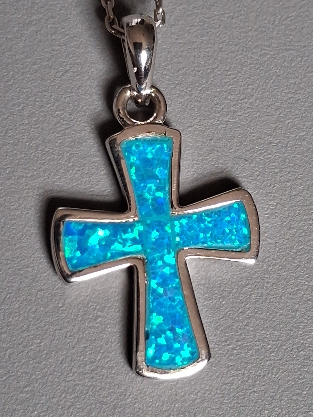 Blue Opal Inlay Rounded .925 Sterling Silver Cross + 18″ Link Silver Chain Italy