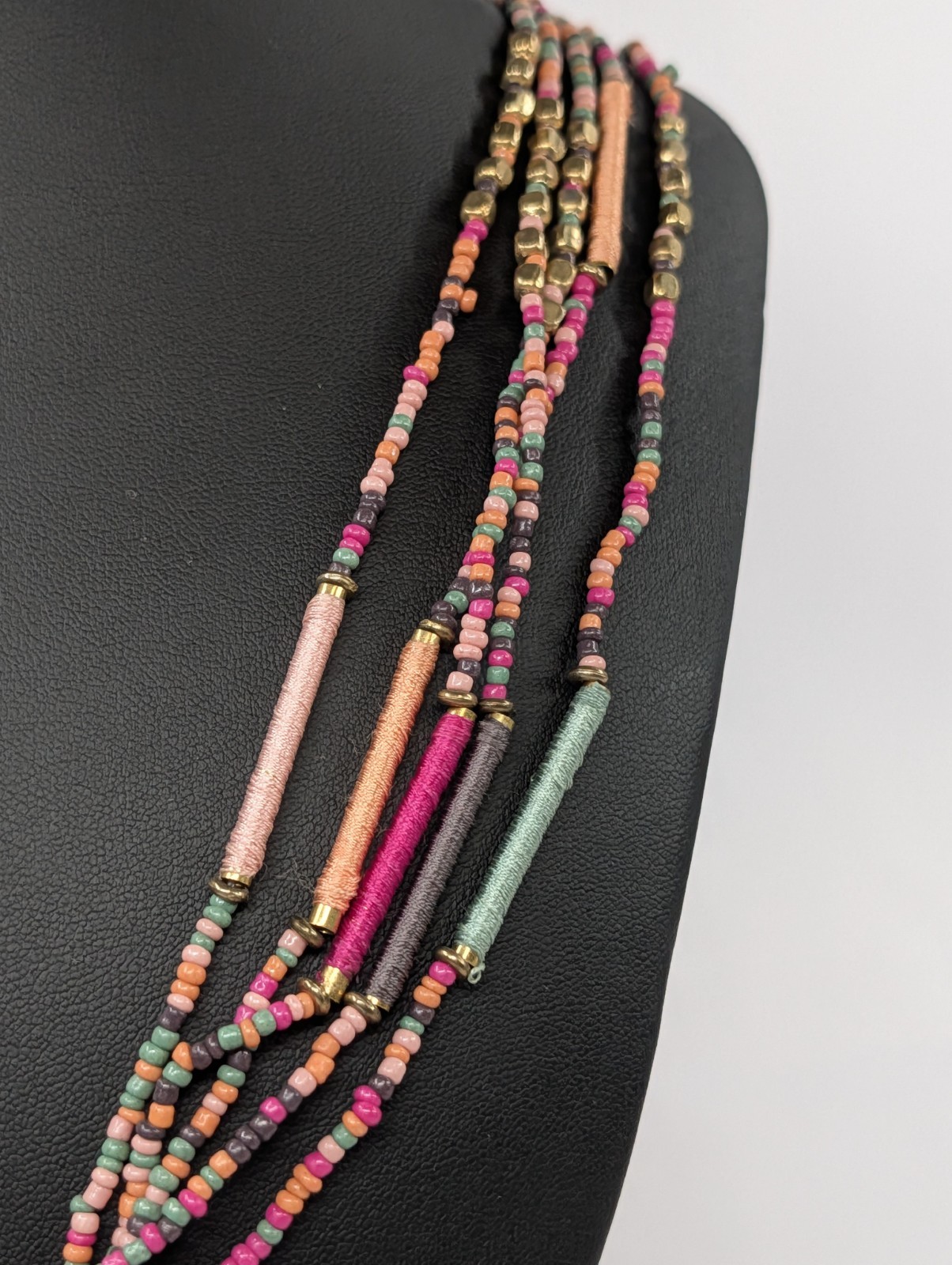 Vintage Indian Artisan Multi Strand Seed Bead Tassel Lariat Necklace Thread Wrap