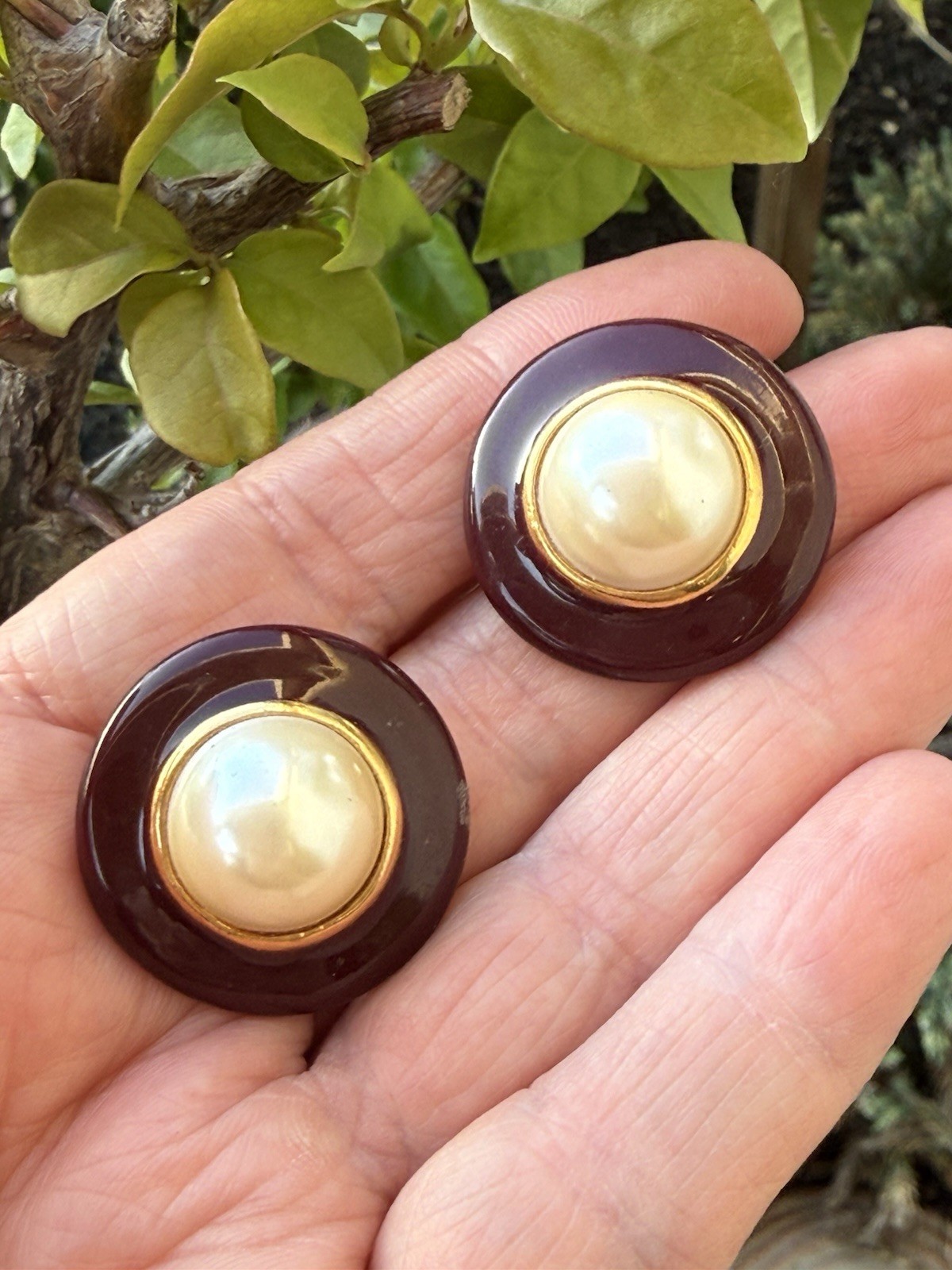 Vintage Gay Boyer Gold Tone Burgundy Enameled Pearl Pierced Earrings