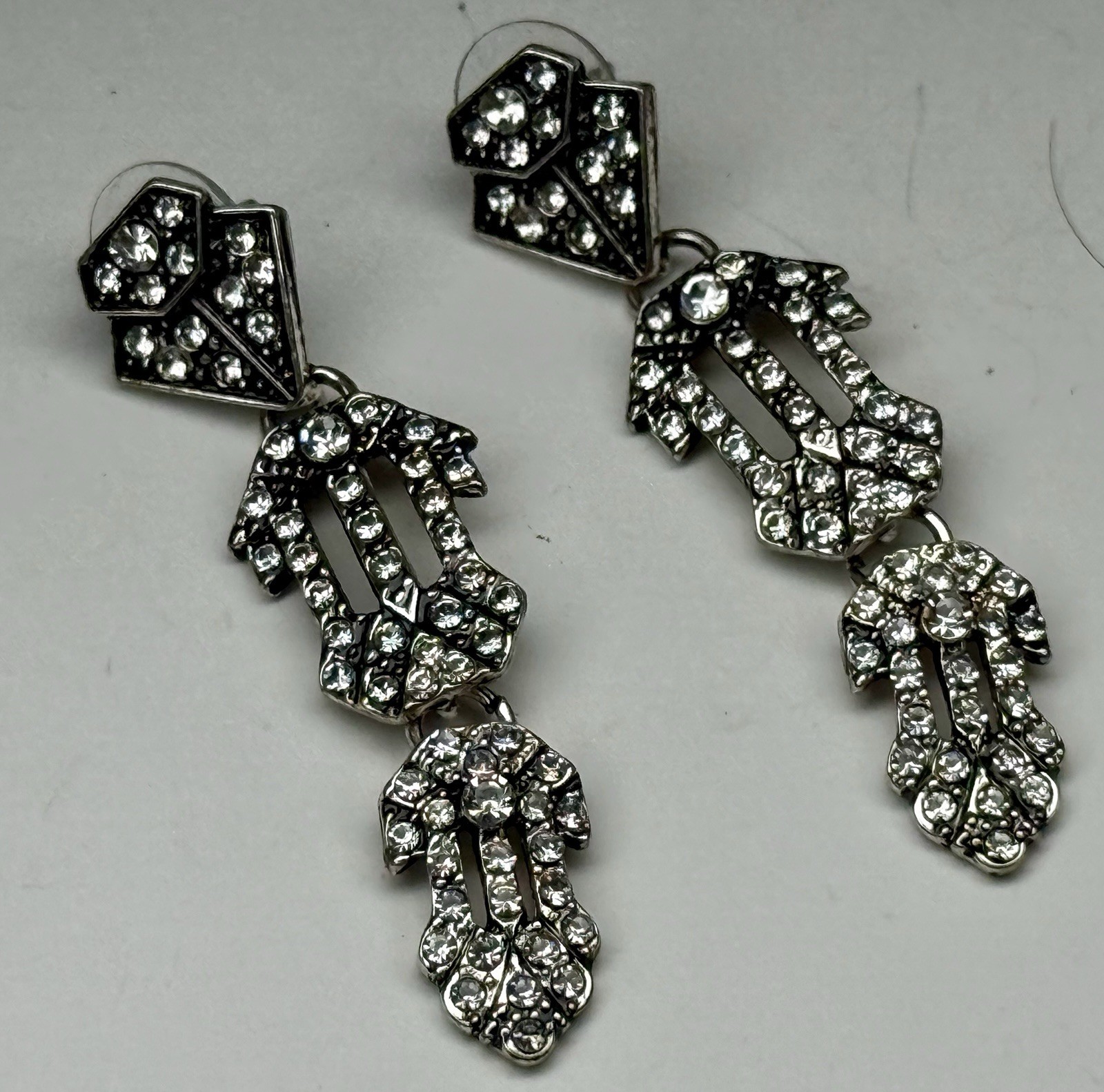 Vintage Art Deco Flapper Rhinestone Earrings Dangle Drop Pierced Gatsby Style