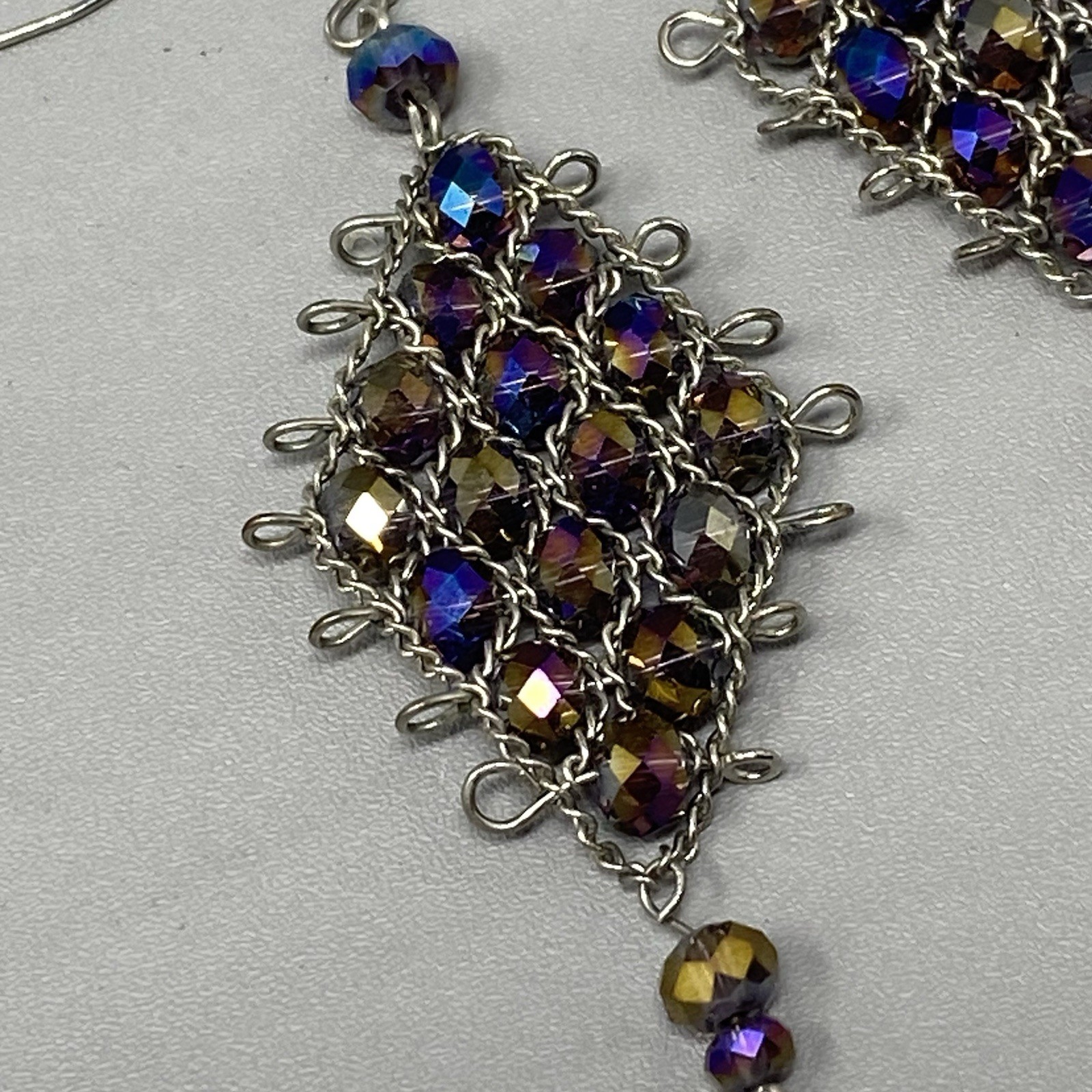 Purple Chandelier Dangle Earrings Pierced Peacock Surface Coated Wire Woven 3″