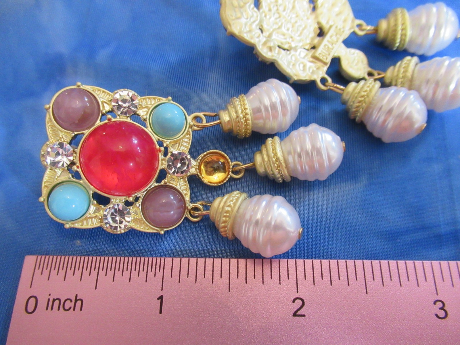 Ornate Style Cabochon Earrings Gold Tone Multi-color Faux Pearl Pierced