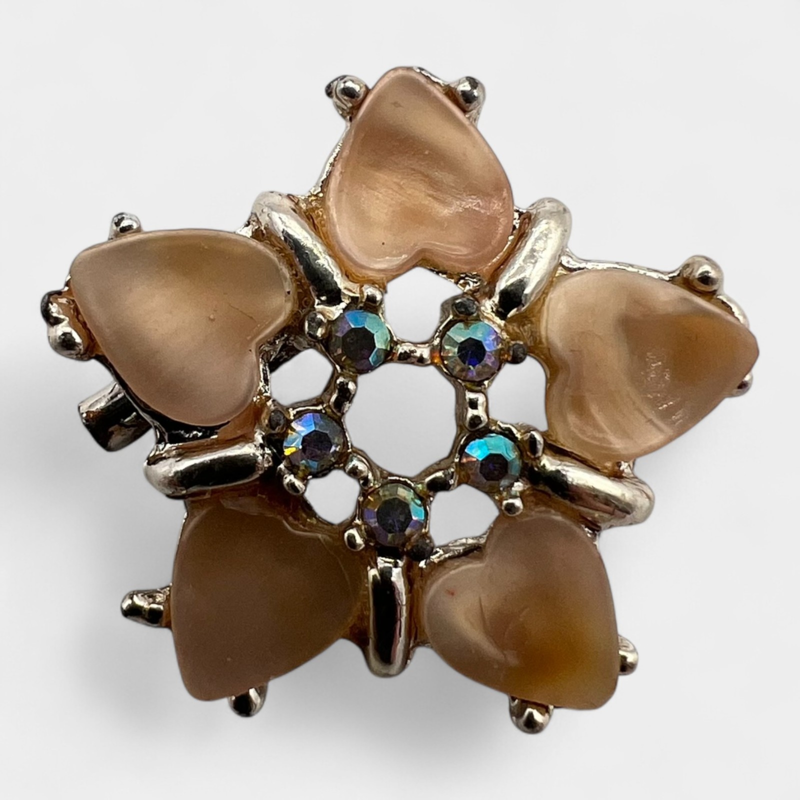Vintage Gold Tone Brooch Pin. Hearts and AB Rhinestones