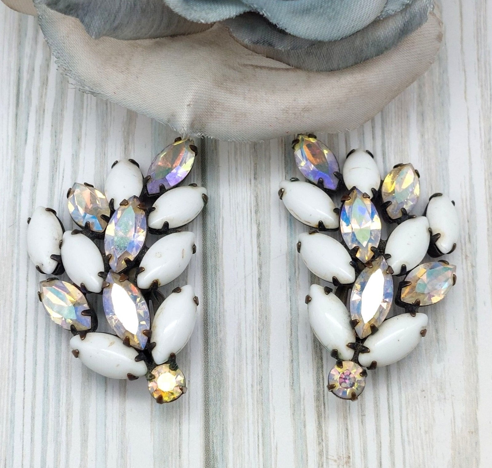 La Roco VINTAGE Milk Glass & AB Navette Crystal Clip On Earrings Large Climbers