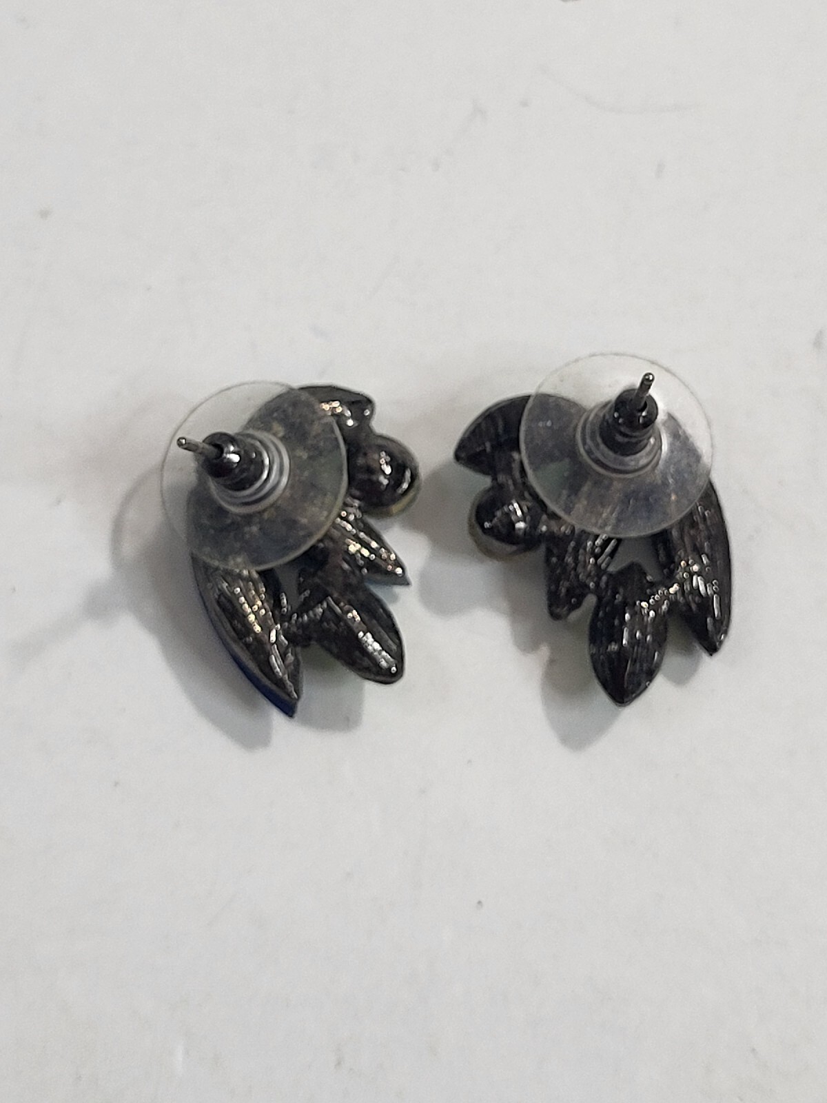 Vintage Peacock Feather Wing Blue Green Enamel Rhinestone Pierced Earrings