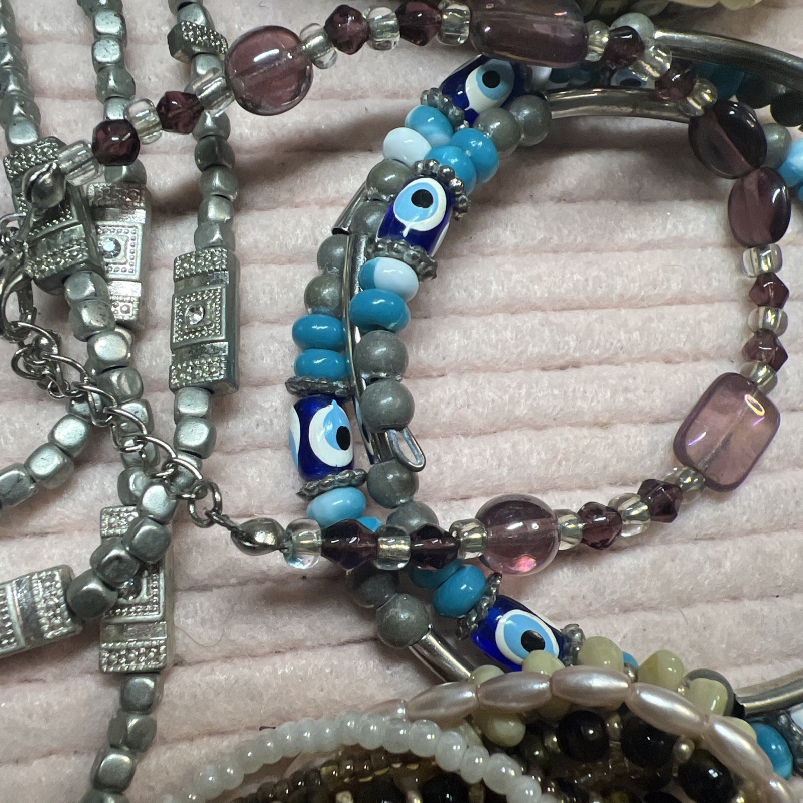 BOHO Vintage Jewelry Lot. Real Shell, Bone And Wood Bracelets, Glass Rings #V37