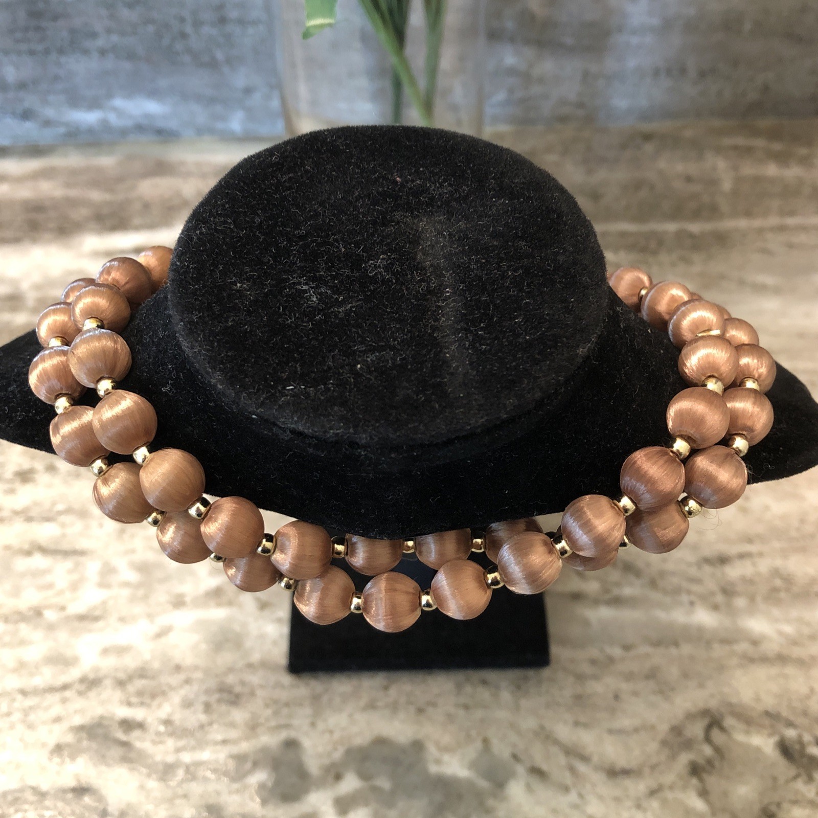 Vintage Silk Champagne/Brown With Gold Tone Beaded Necklace Stationary