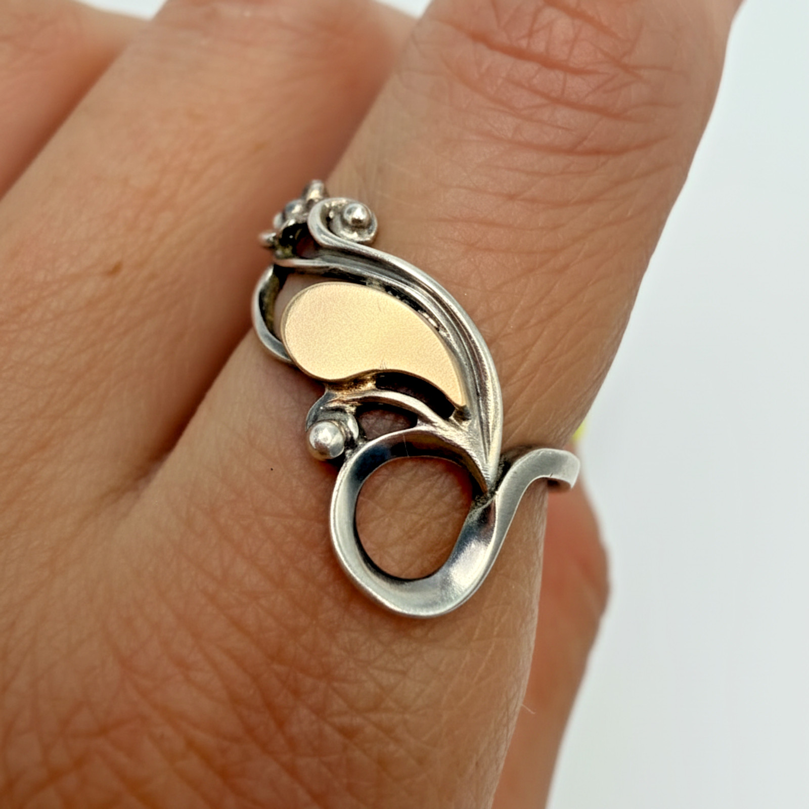 Vintage 875 Sterling Silver 14k Gold 585 Abstract Swirl Ring Women’s Size 7