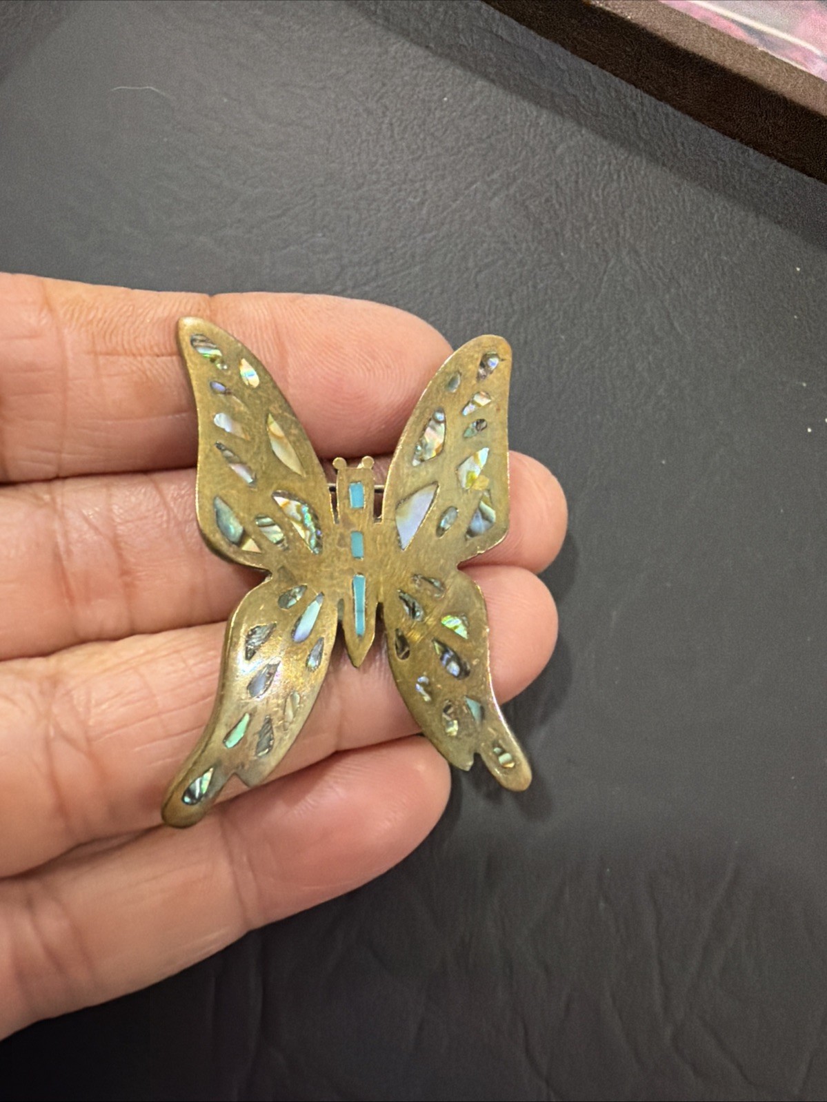vintage Los Castillo Taxco Butterfly Brooch Inlay Mosaic Mexico Sterling Silver