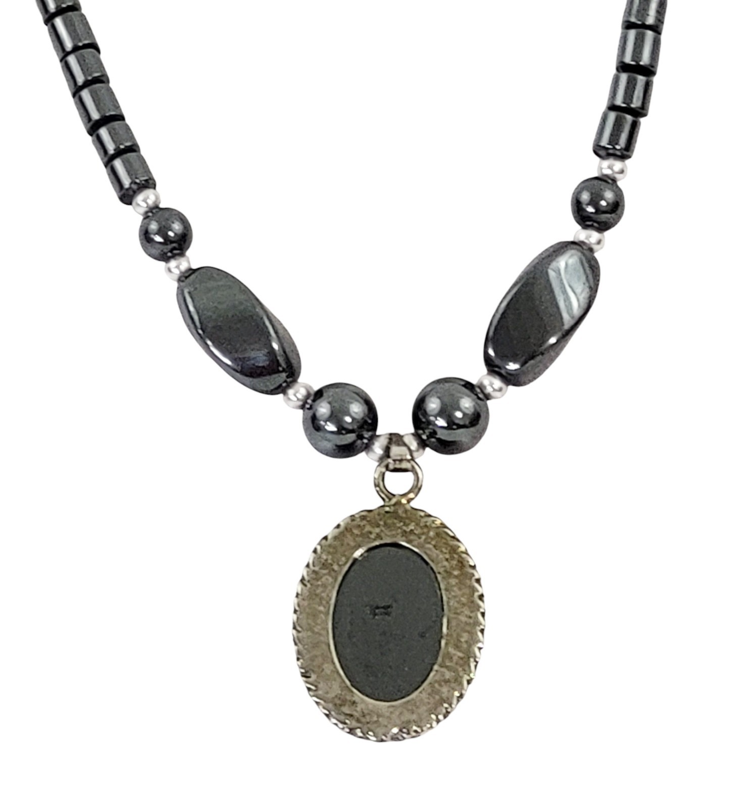 Hematite Barrel Bead Choker Vintage Grey Necklace 18 Inch Fish Hook Clasp