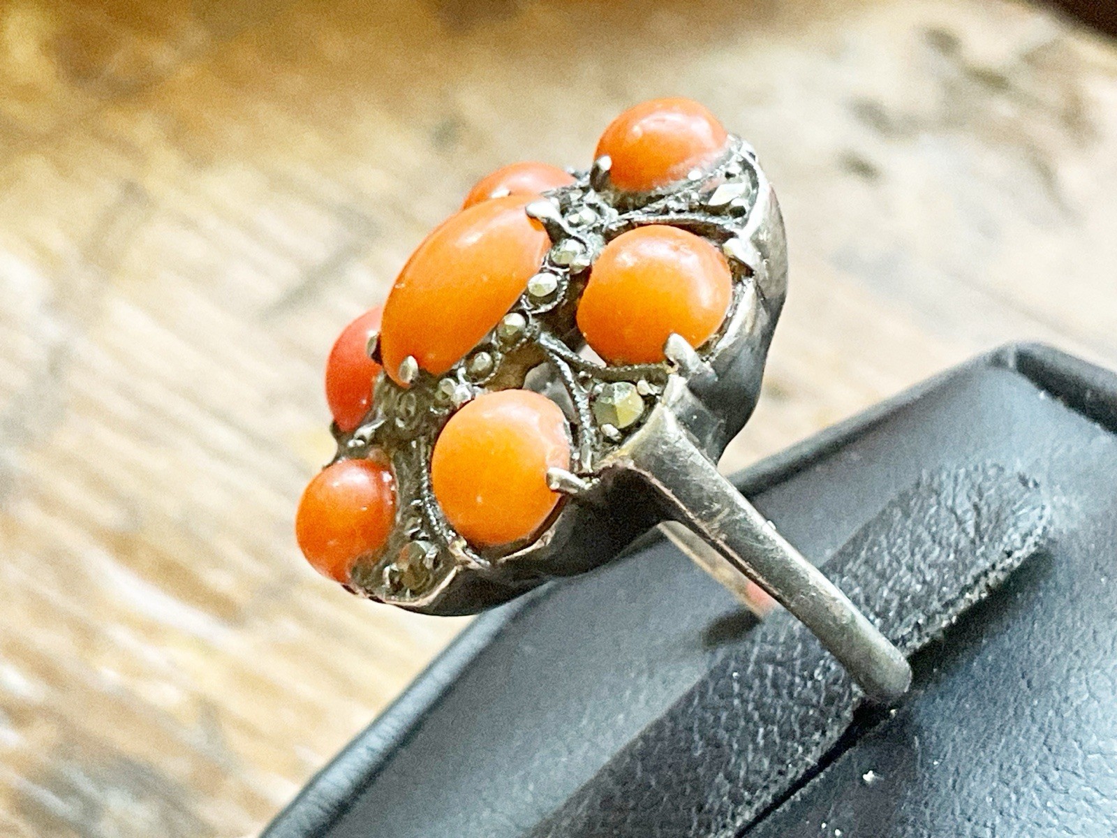 Antique Art Deco 925 Sterling with Coral & Marcasites Cluster Ring Sz. 4.75