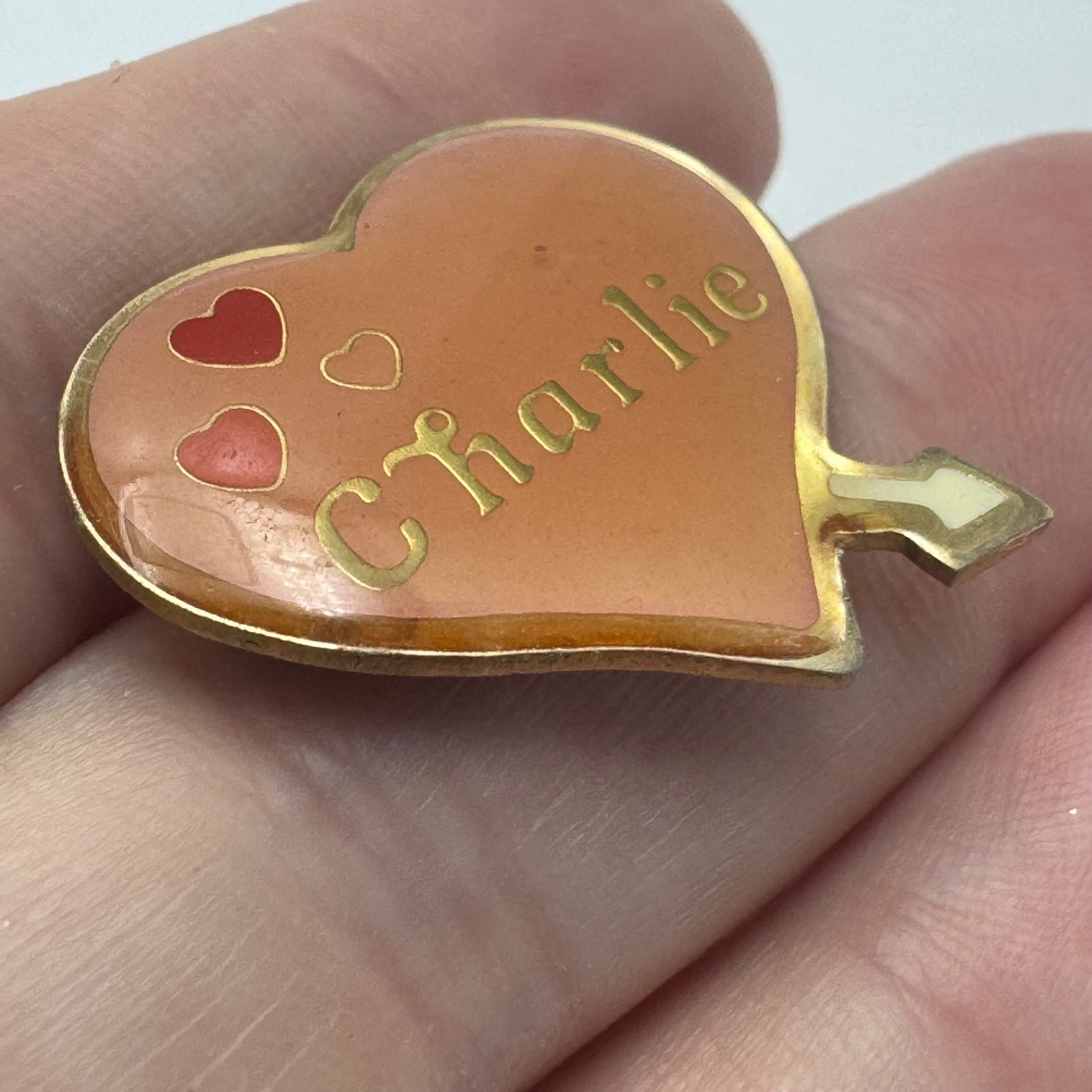 Charlie Heart Name Enamel Lapel Pin Peach Gold Tone Personalized Vintage