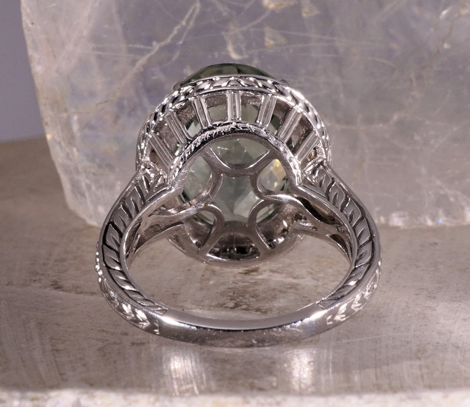 9.38ct Green Amethyst Praisiolite Cocktail Ring 14k White Gold with Diamonds