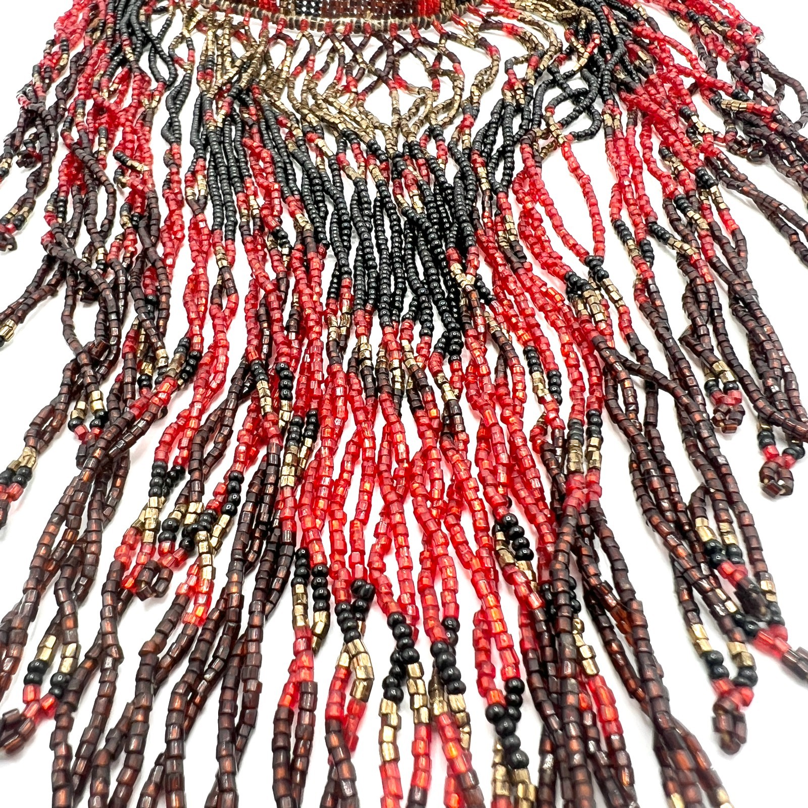 Vintage 1970s Exotic Beaded Fringe Necklace Red Black Gold Drippy Bib Statement