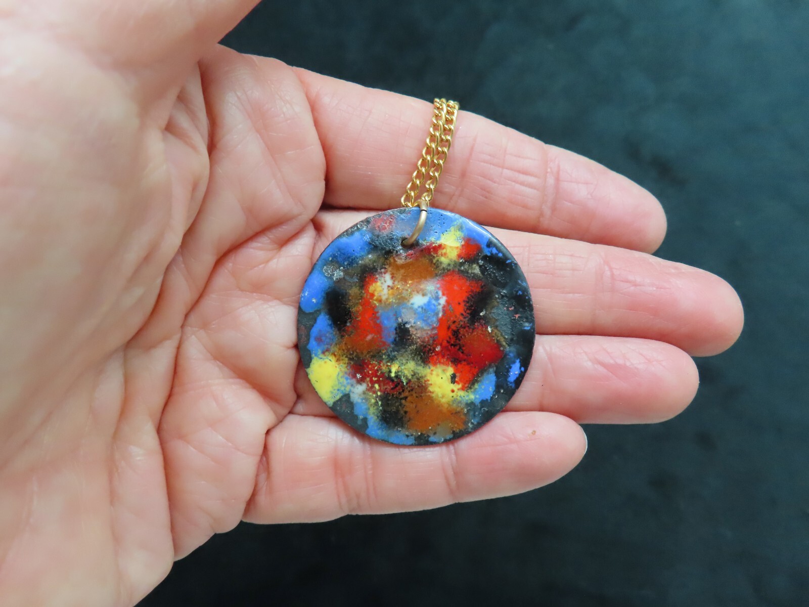 Vintage 1950’s Enamel Copper Pendant/Necklace On Gold Tone Chain