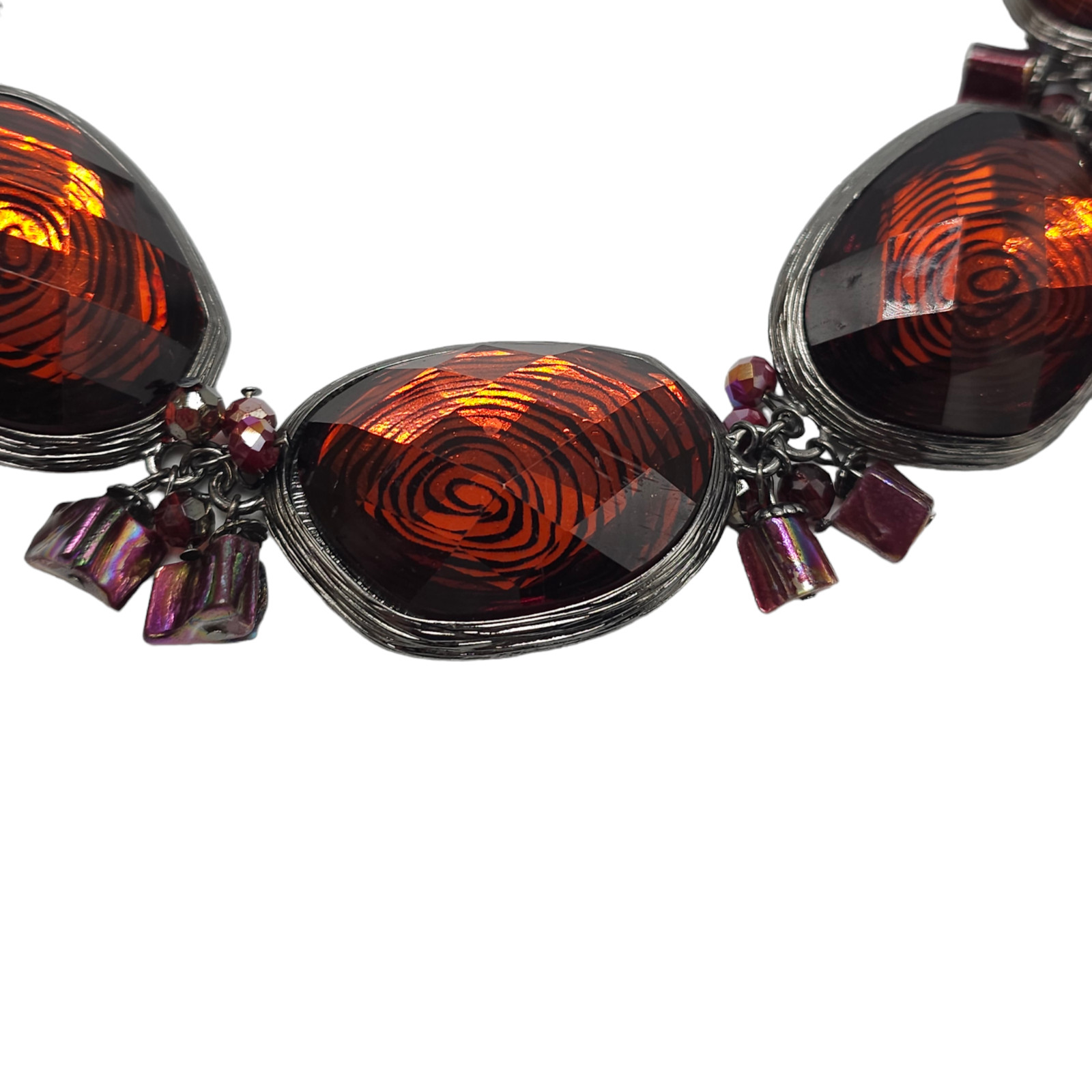 Orange Faceted Acrylic Beaded Bib Necklace Lobster Closure Silver Tone Vintage